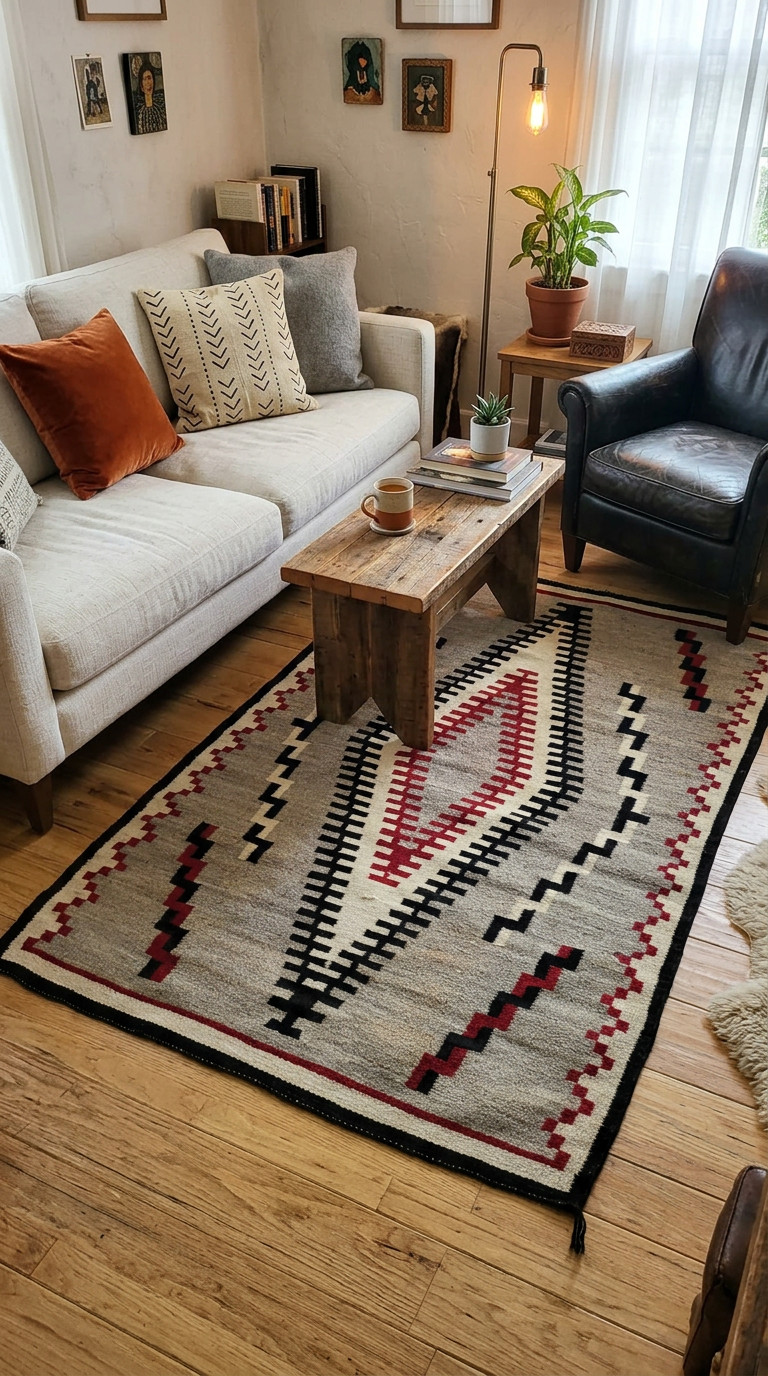 9×12 Wool Navajo Rug Native American Southwestern Kilim Rug Red Grey Mexican Rug