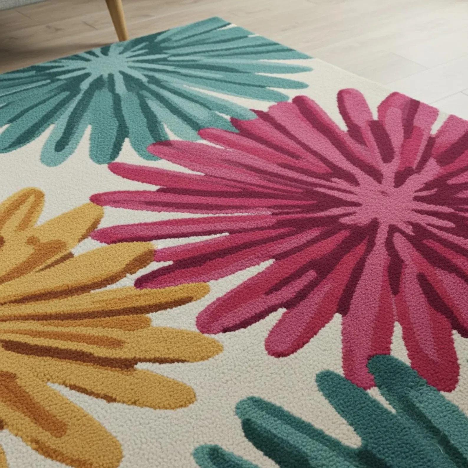 Floral Hand-Tufted Wool Rug Modern Pink Teal Flower Carpet Boho Decor Carpet Rug