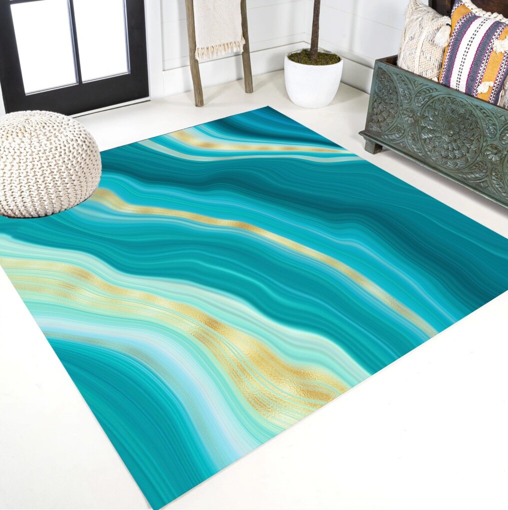 Vibrant Fresh Turquoise Gold Modern Rugs Abstract Marble Texture Pattern Carpet