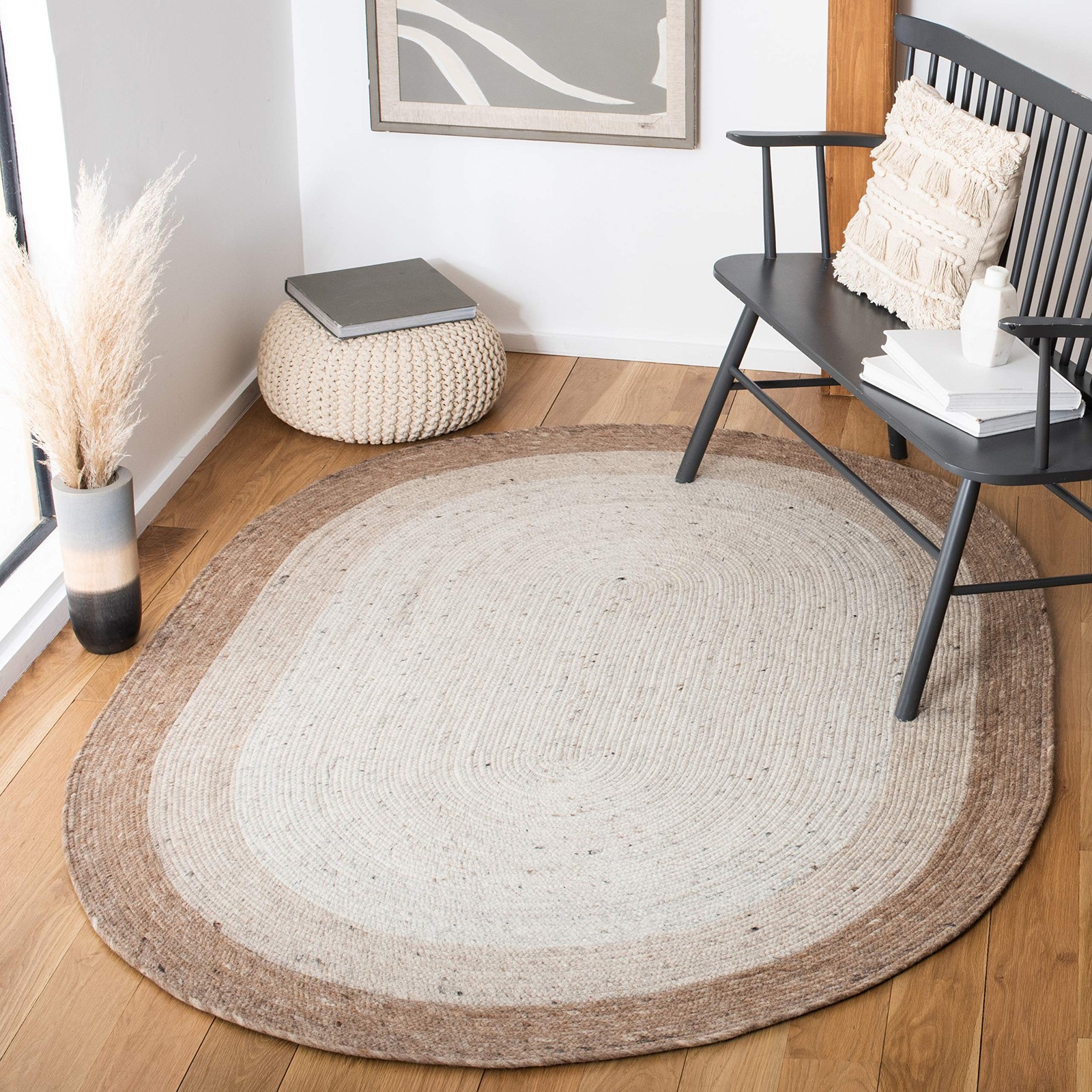 Braided Oval Rug 8×10, Wool Large Beige & Ivory BRD903B