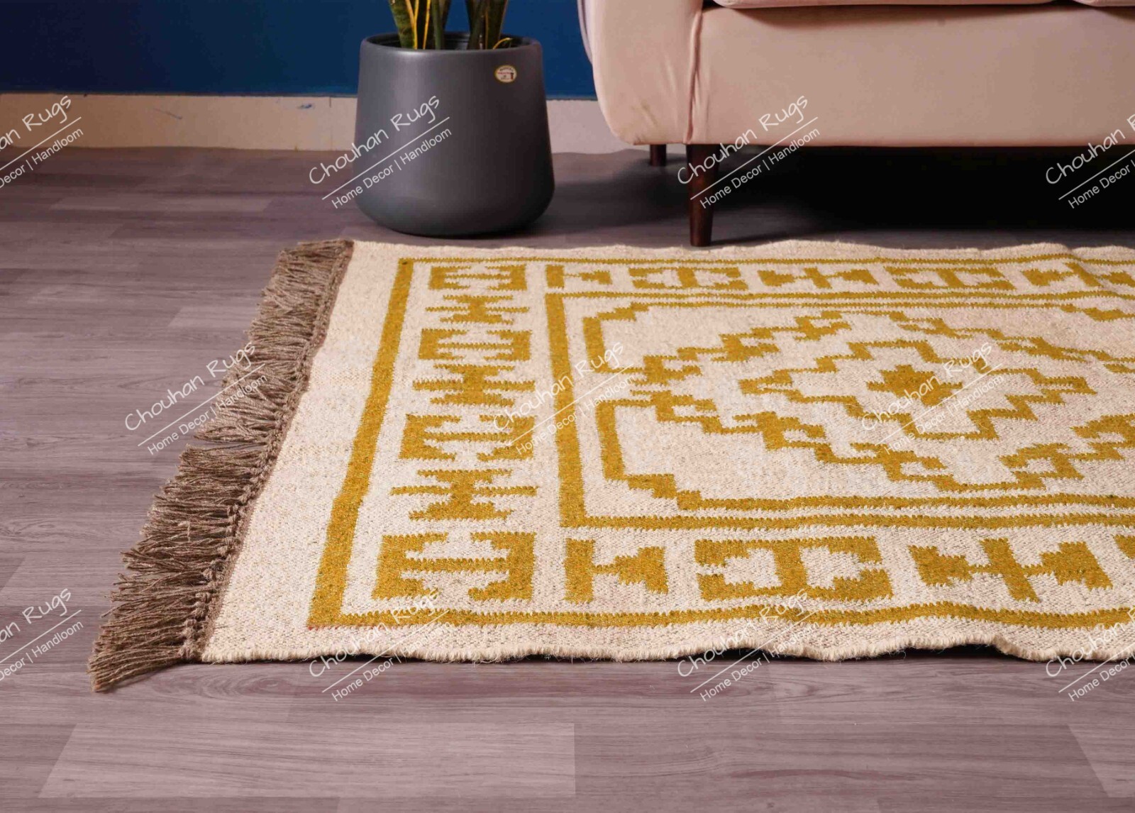 Indian Handwoven Kilim Rug With Yellow Design Rug, Fringes Jute Rug, Large Rug