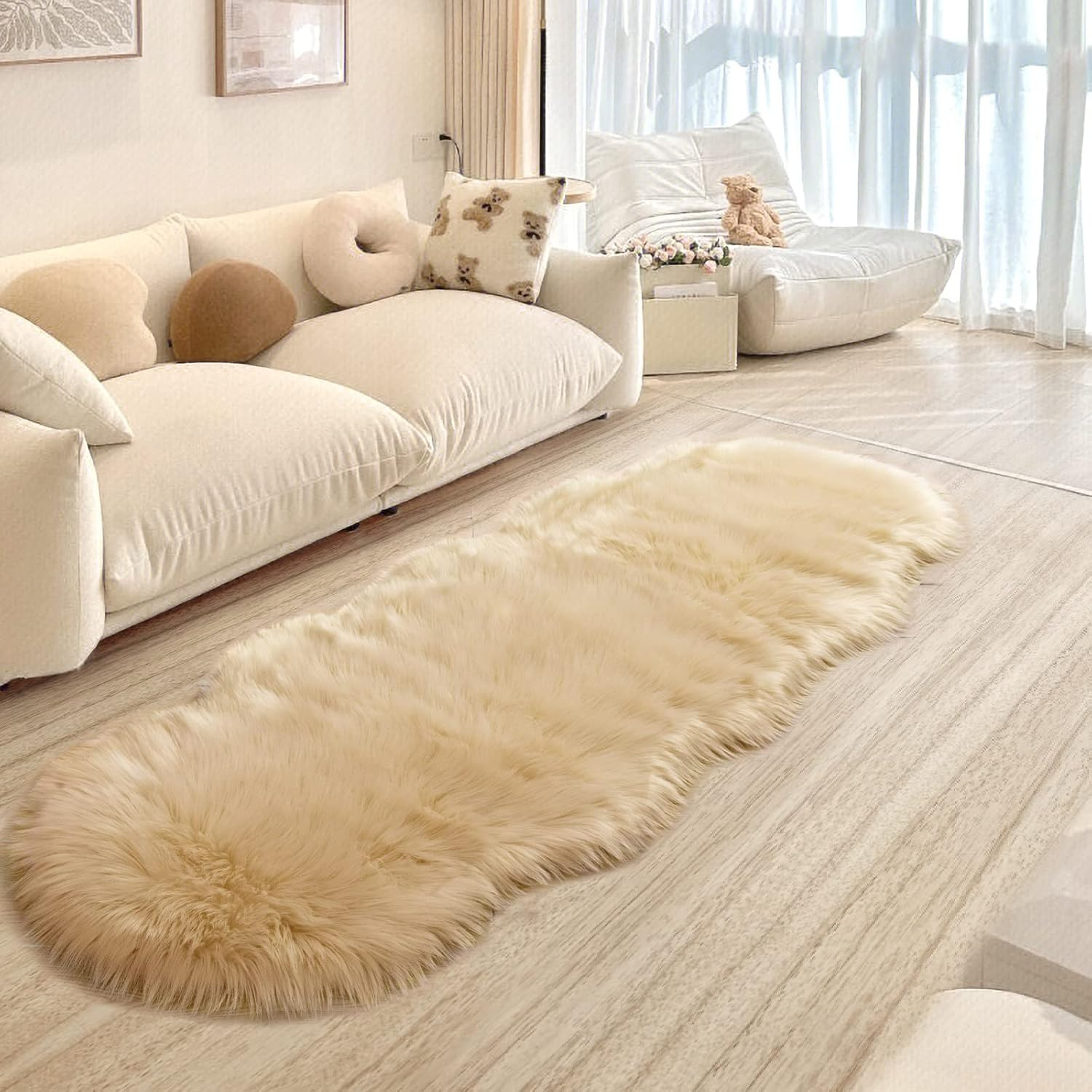 Ultra Soft Fluffy Rug Beige Faux Sheepskin Fur Area Rug Shaggy Couch