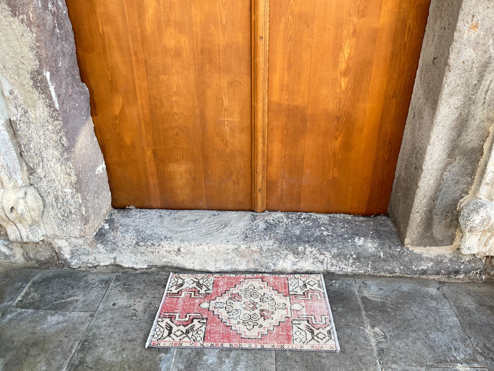 Vintage Turkish Rug 1.4×2.5 ft Hand-Knotted Wool Door Mat Boho Tribal Accent Rug