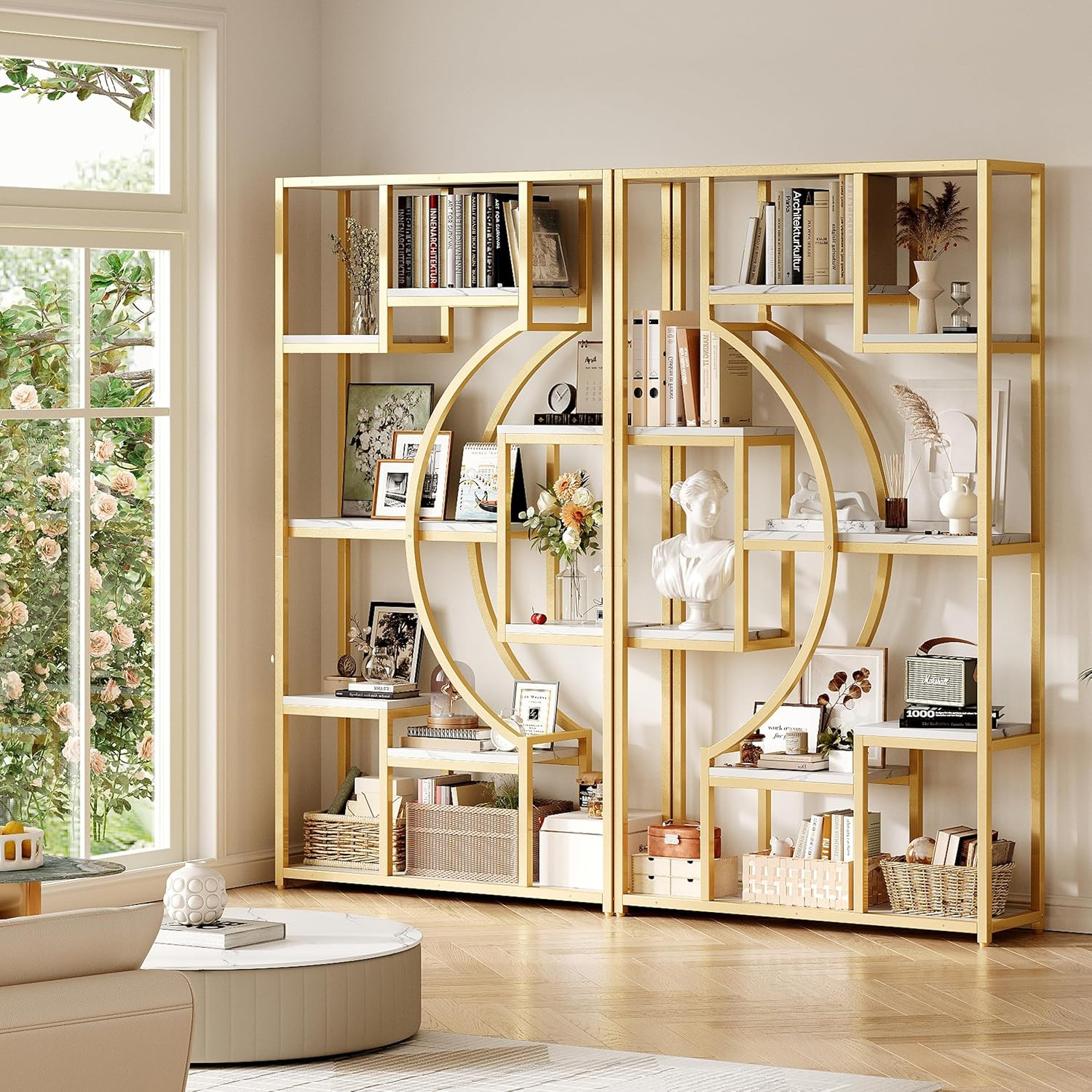 79″ W Luxury Marble-Patterned White Gold Bookshelf, Modern Geometric Half-Moon S