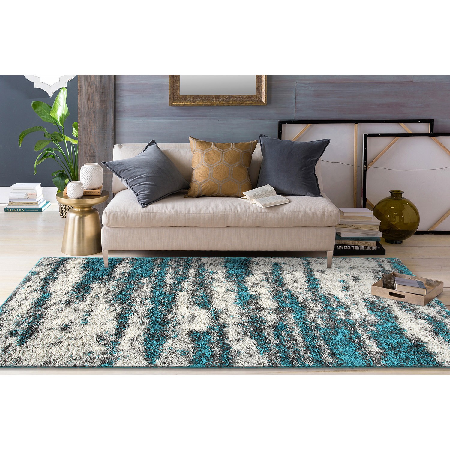 Rugshop Area Rug Modern Abstract Design Plush Shag Rugs Turquoise Rug 5×7 Carpet