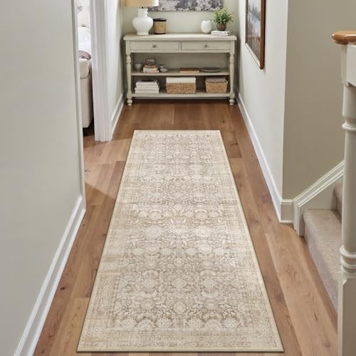 2×6 Beige Washable Floral Hallway Runner Rug Kitchen Vintage Low Pile Non Slip