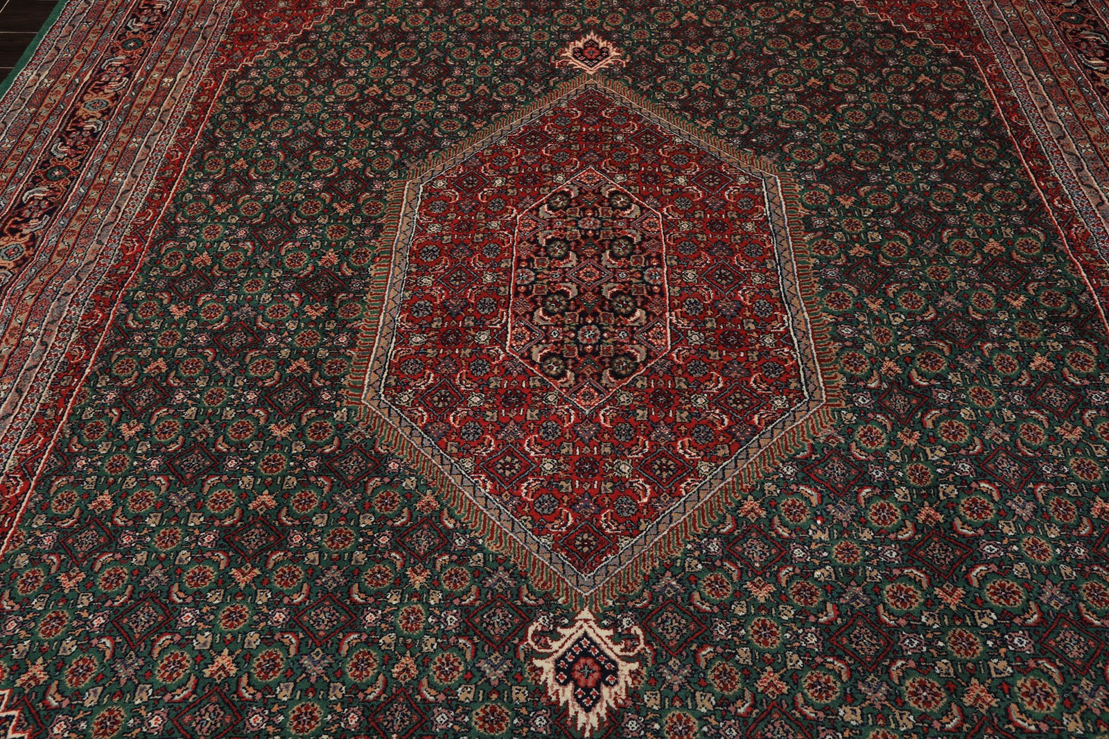9’6″x14’5″ Hand Knotted Wool Green Tabrizz Traditional Medallion Plush Pile Rug