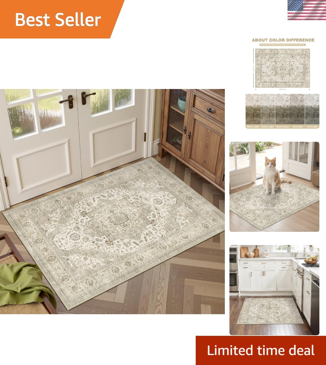 2×3 Low-Pile Washable Rug – Non-Slip, Stain Resistant for Homes with Style