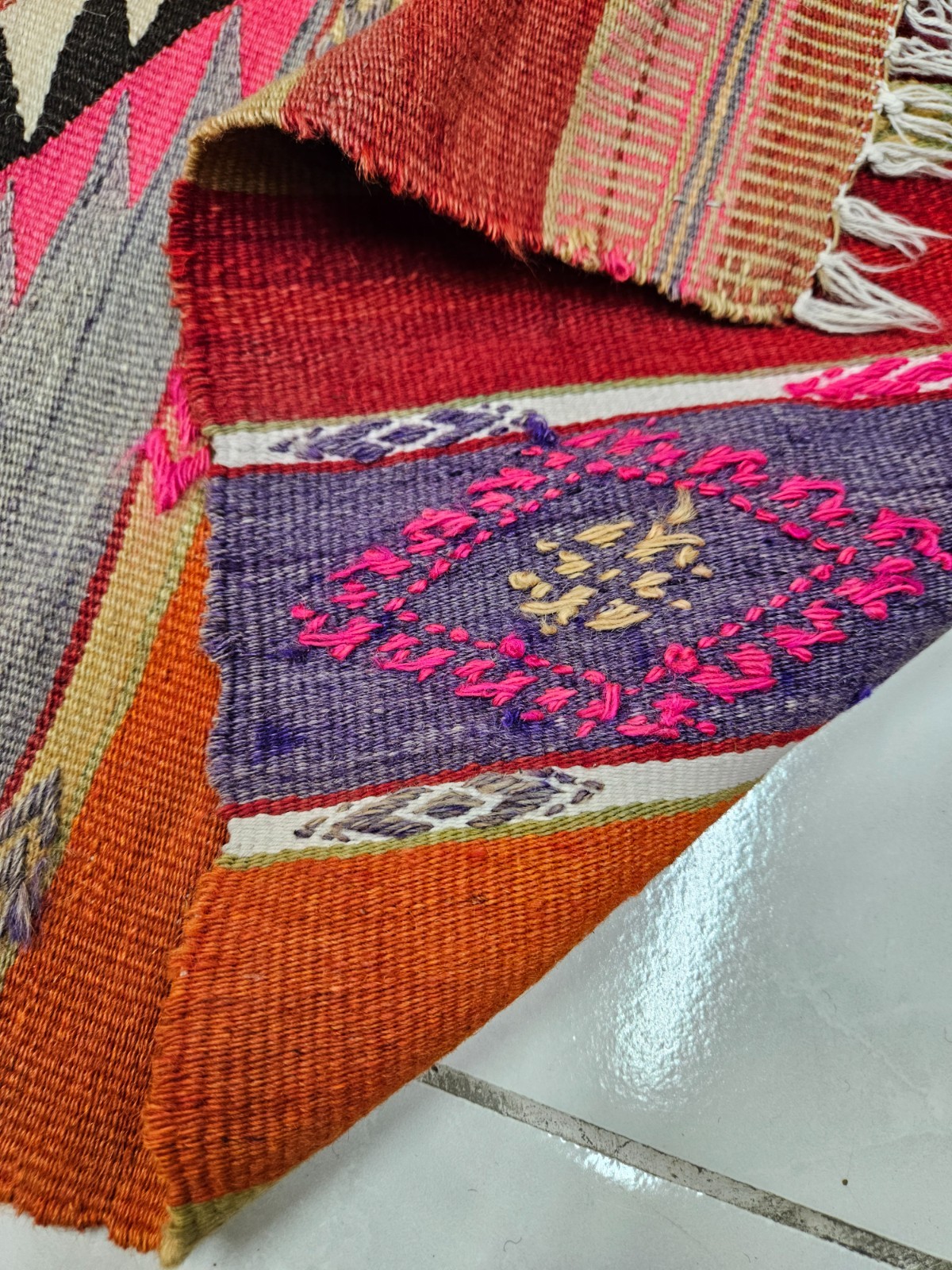 Handmade Wool Turkish 1.8 x 7.9 ft Kilim Runner Rug with Diamond Tribal Motifs