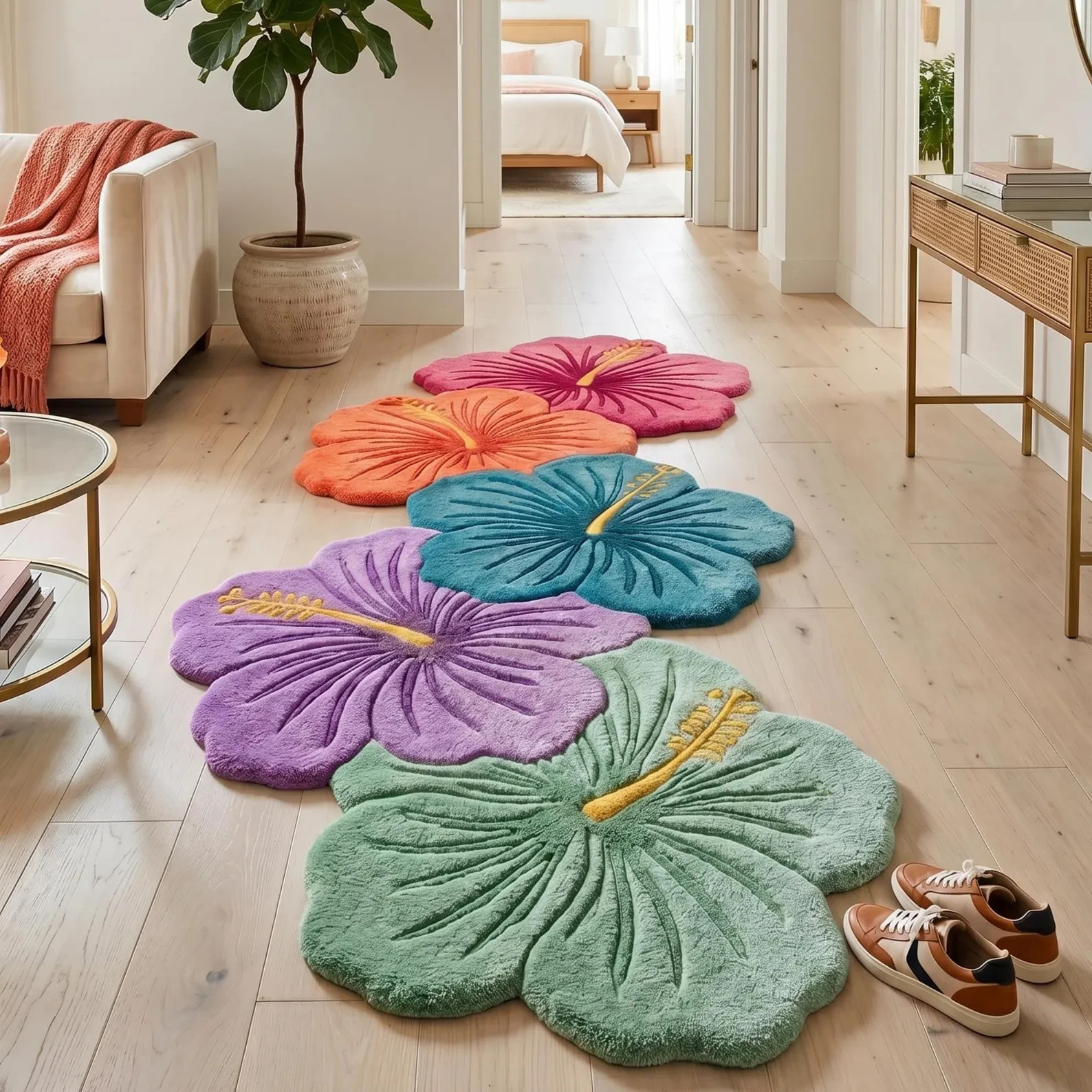 Hand Tufted Hibiscus Flower Wool Rug, Colorful Tropical Botanical Carpet