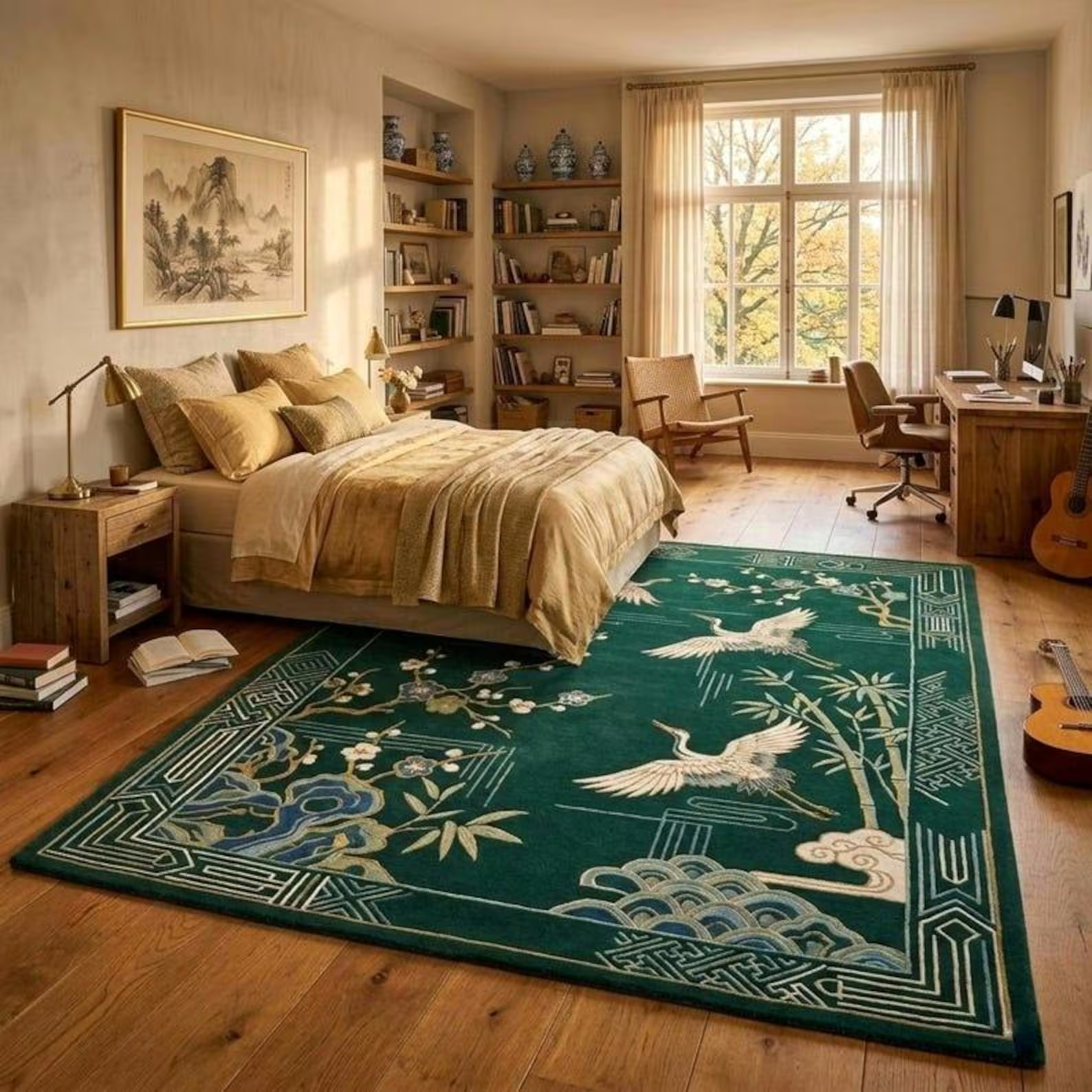 Emerald Green Chinoiserie Rug Modern Abstract Hand Tufted Wool Carpet Custom Rug