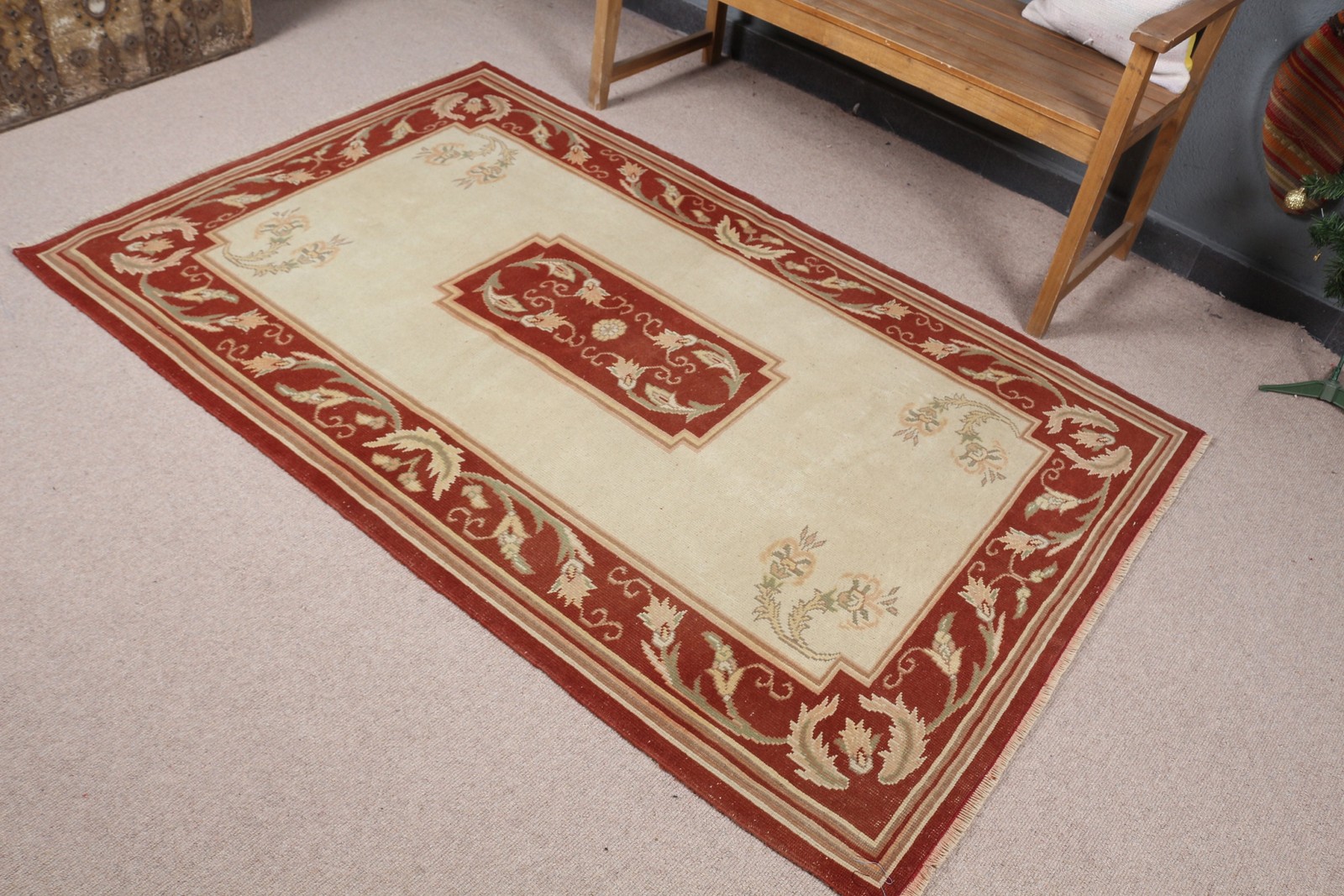 4,1×6,3 ft Rug, Turkish Vintage Rug, Red Beige Moroccan Rug