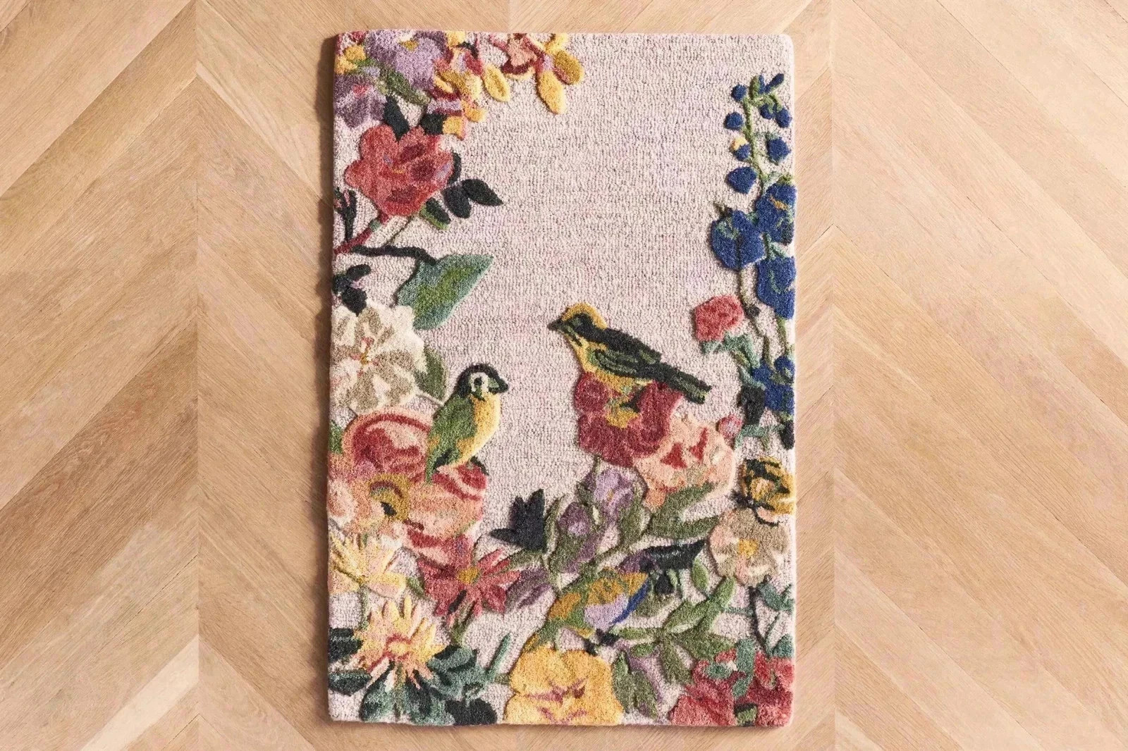 Hand-Tufted Wool Area Rug Floral Bird Pastel Pink MulticolorArea Rug & Carpet