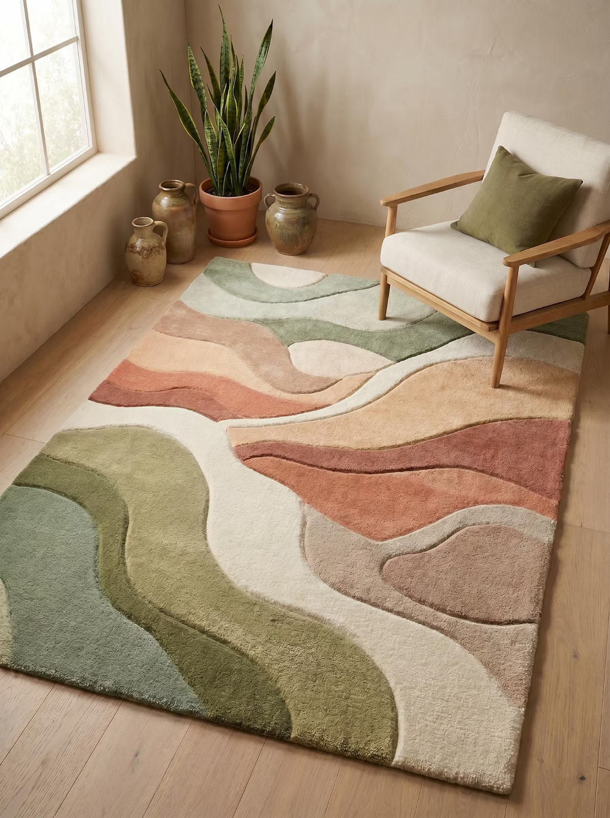 Modern Hand Tufted Rug Wavy Abstract Organic Green Terracotta Cream Area Carpet