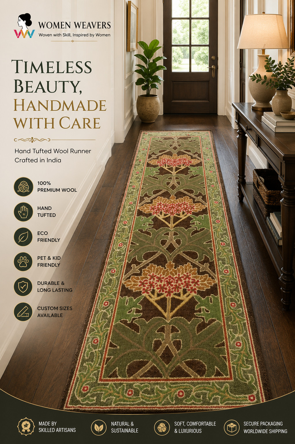 HandTufted Wool Runner Rug| Oriental Floral Hallway Carpet|Brown Green LuxaryRug