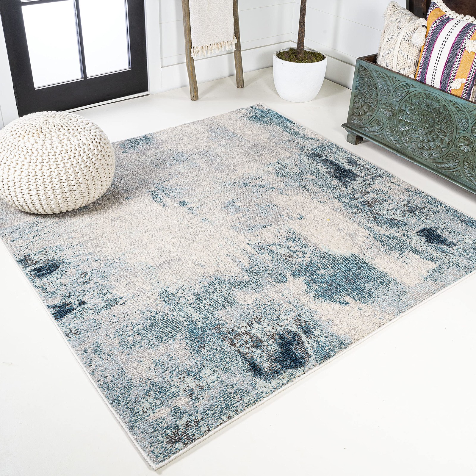 Jonathan Y Modern Abstract Vintage Cream/Blue 4X4 Square Indoor Area Rug