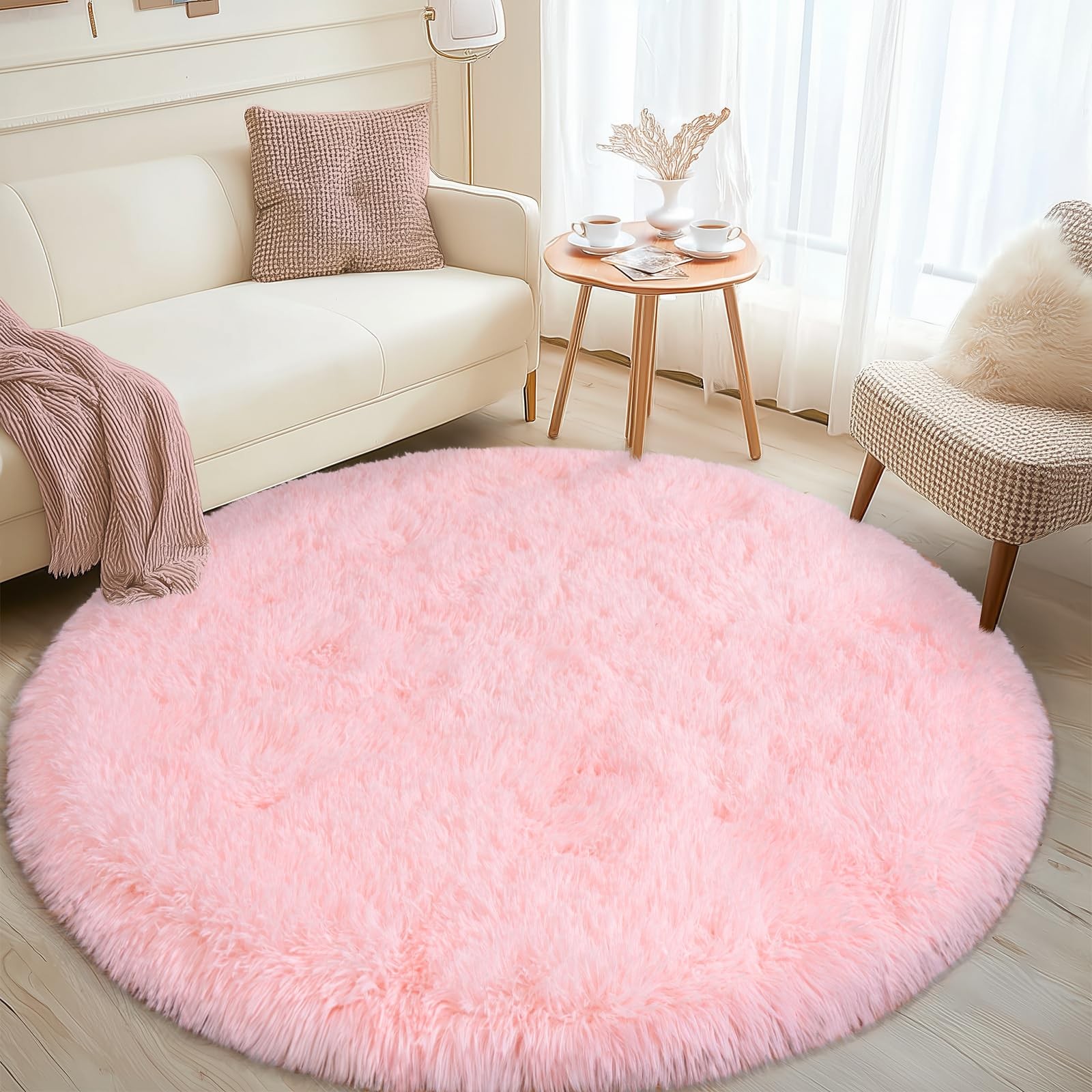 Round Fluffy Pink Rug for Bedroom, 4Ft Fuzzy Shag Circle Area Rug for Girls K…