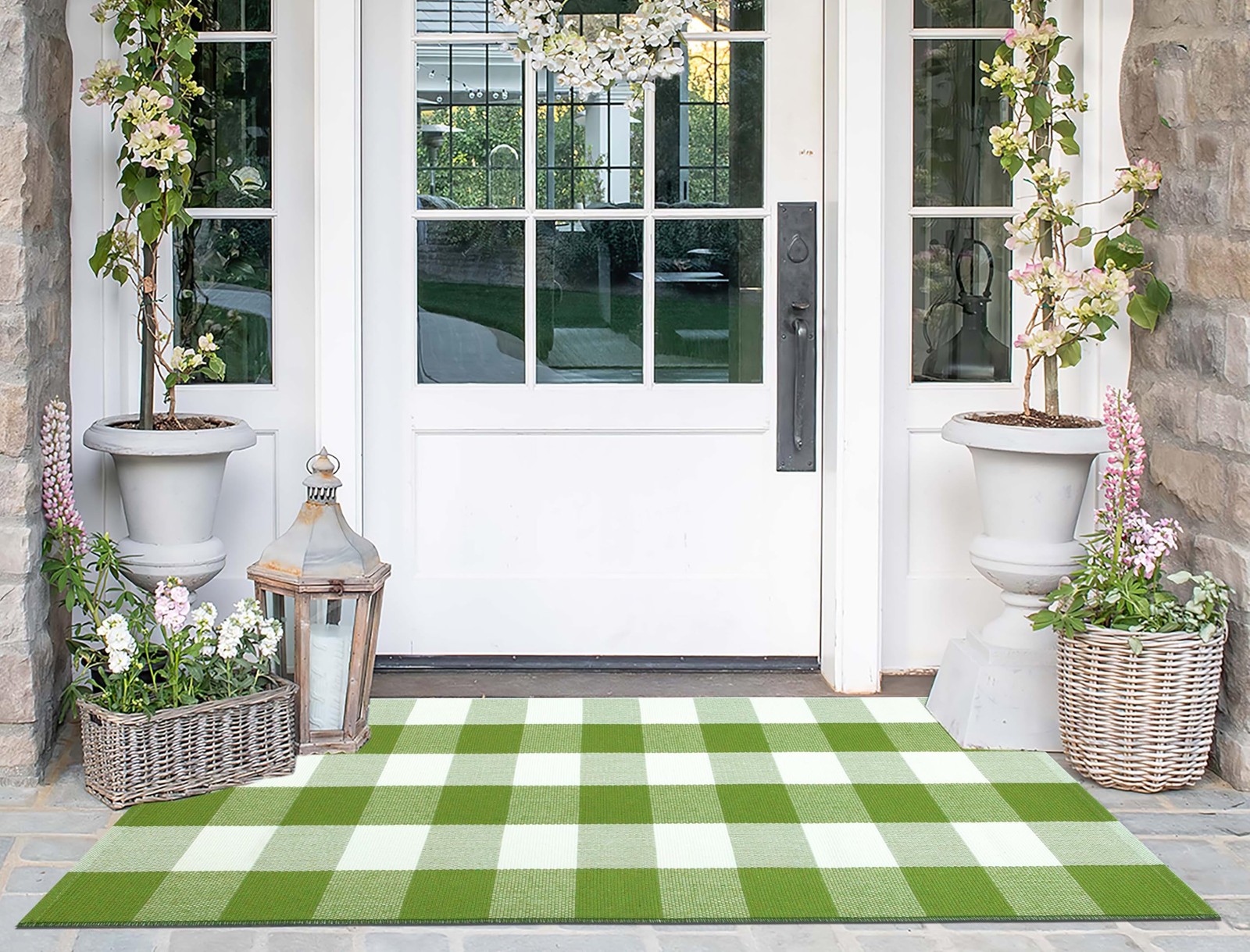 Green and White Front Porch Rug 2’X4.3’Buffalo Plaid Checked Outdoor Rug Cott…
