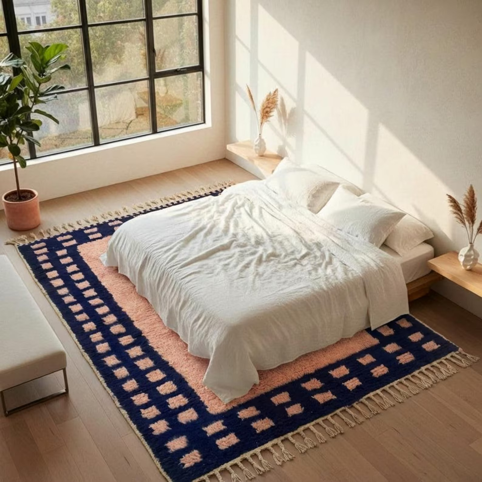 Moroccan Rug Blush Pink Navy Blue Square Border | Handmade Wool Berber Carpet