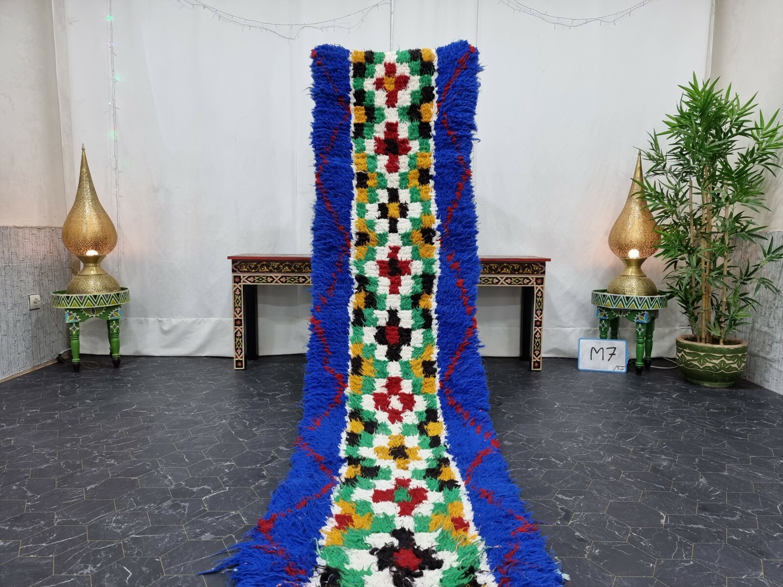Moroccan Handmade Vintage Rug 2’2″x11′ Berber Geometric Blue Green Carpet