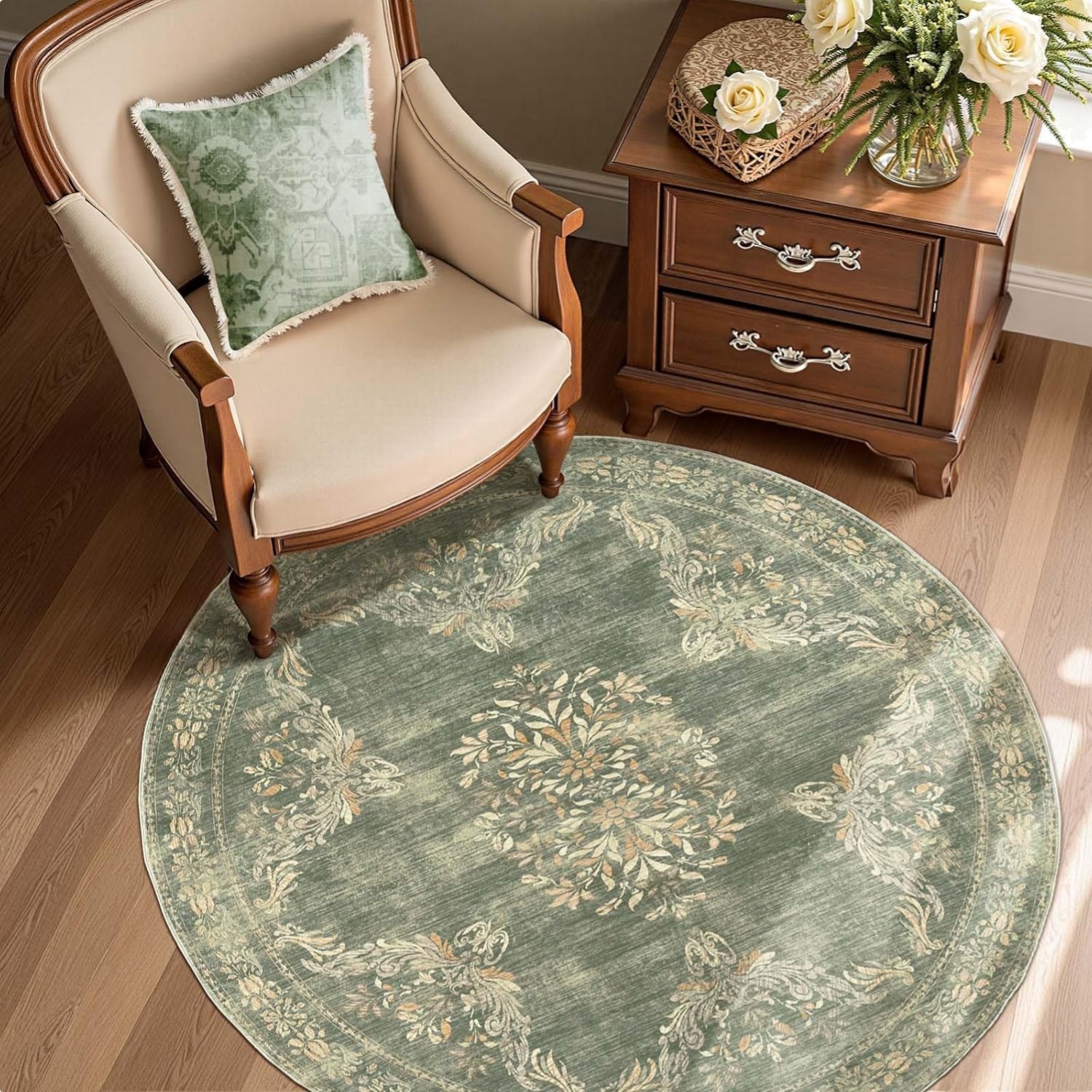 Round Rug 4ft Area Rugs Vintage Floral Distressed Design,Machine Washable Sof…