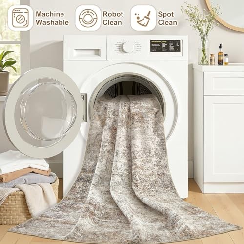 7×9 Area Rugs for Living Room: Washable Large Neutral Abstract Rug Soft Non