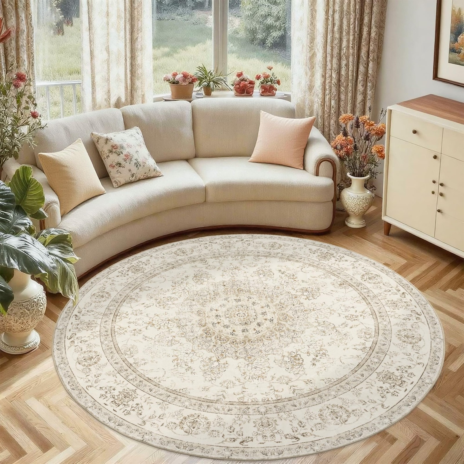 Luxcrest 5Ft Round Rug Cream Boho Washable Area Rugs For Living Room Bedroom