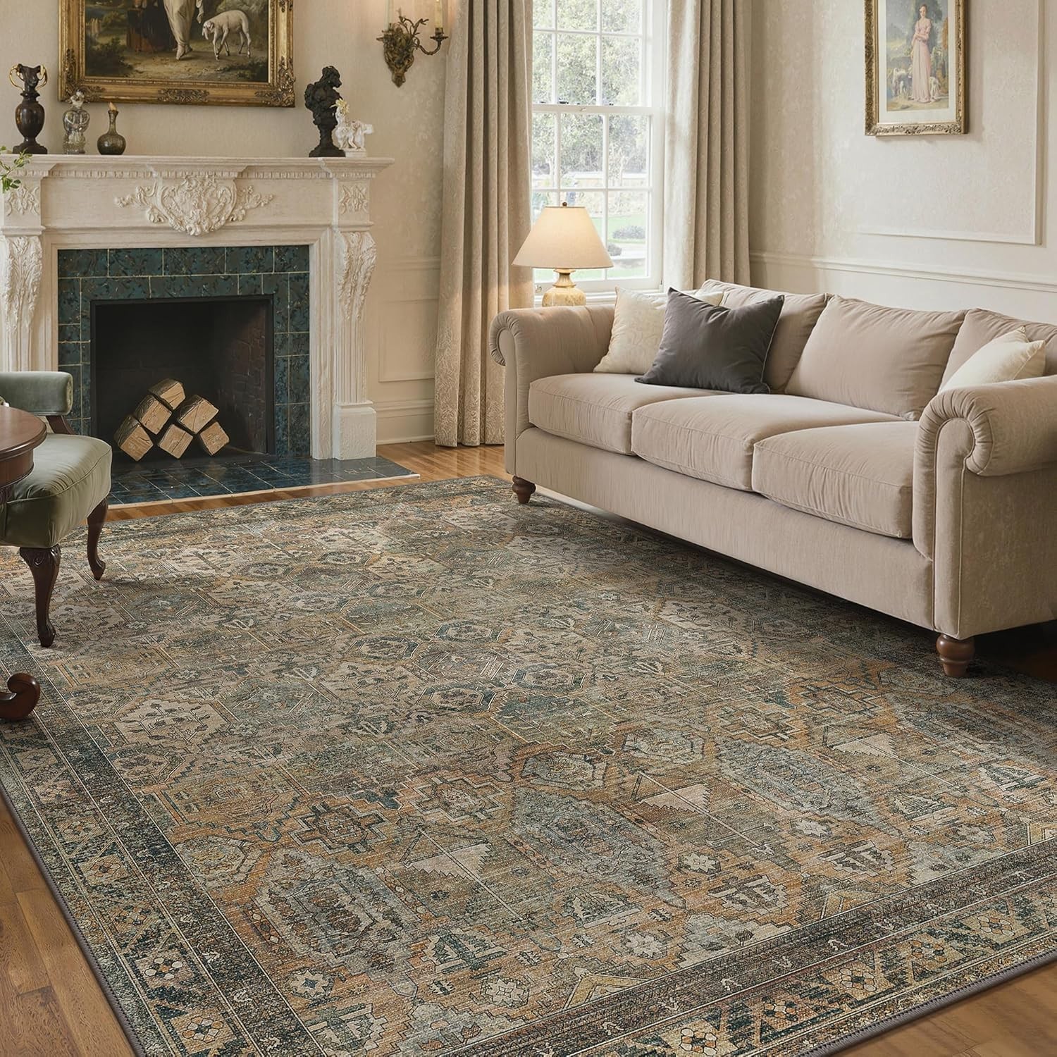8×10 Vintage Floral Area Rug – Machine Washable Non Slip Chenille in Warm Taupe