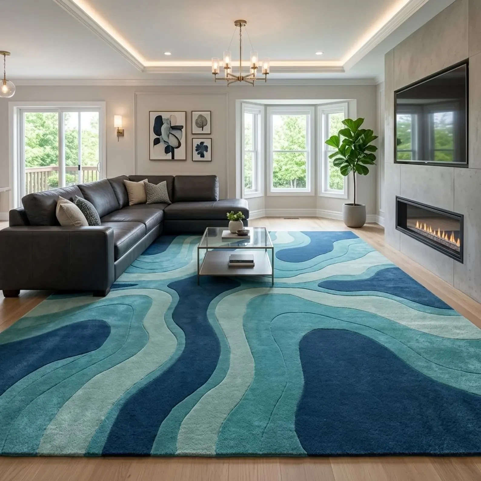 Abstract Blue Area Rug, Modern Wavy Hand Tufted Carpet, Luxury Living Room Rug