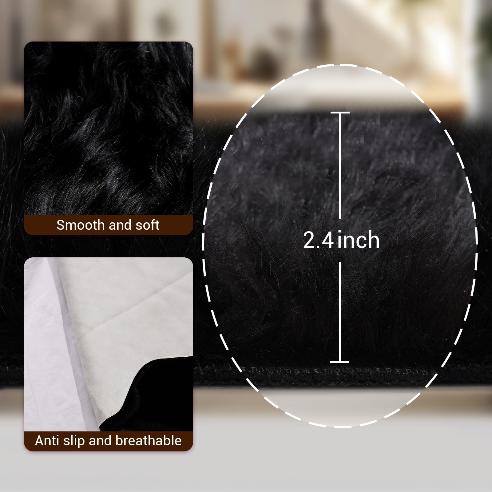 Ultra Soft Faux Fur Rug, Fluffy Shaggy 2 x 3 Ft Small Area Rug, Black Plush F…