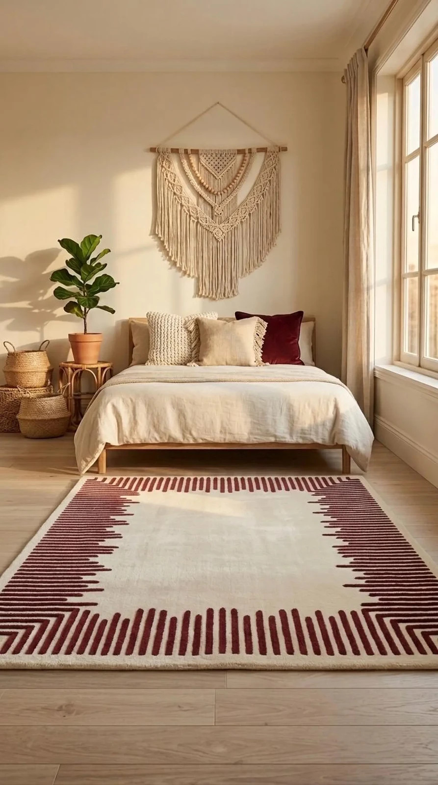 Hand Tufted Wool Rug – Minimalist Red Linear Border Cream Design Carpet Area Rug