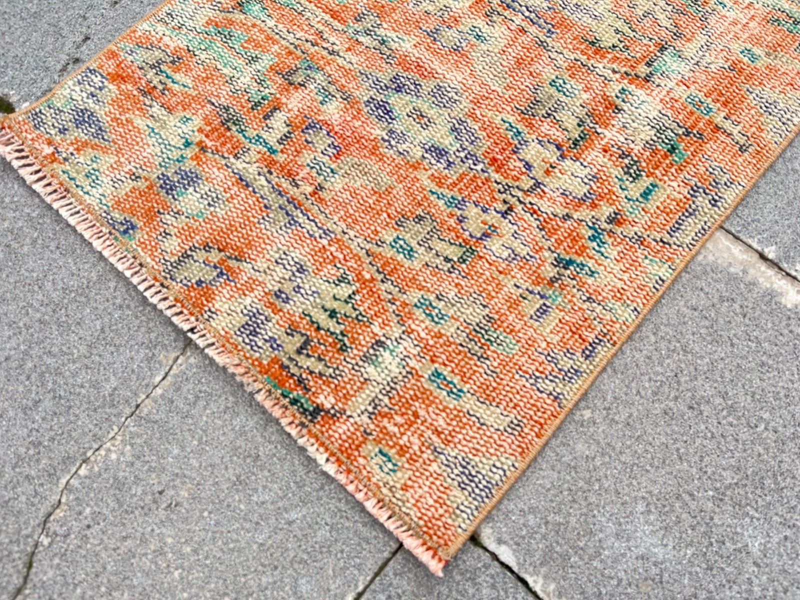 Vintage Turkish Rug 1.6×2.2 ft Small Orange Blue Boho Anatolian Accent Rug