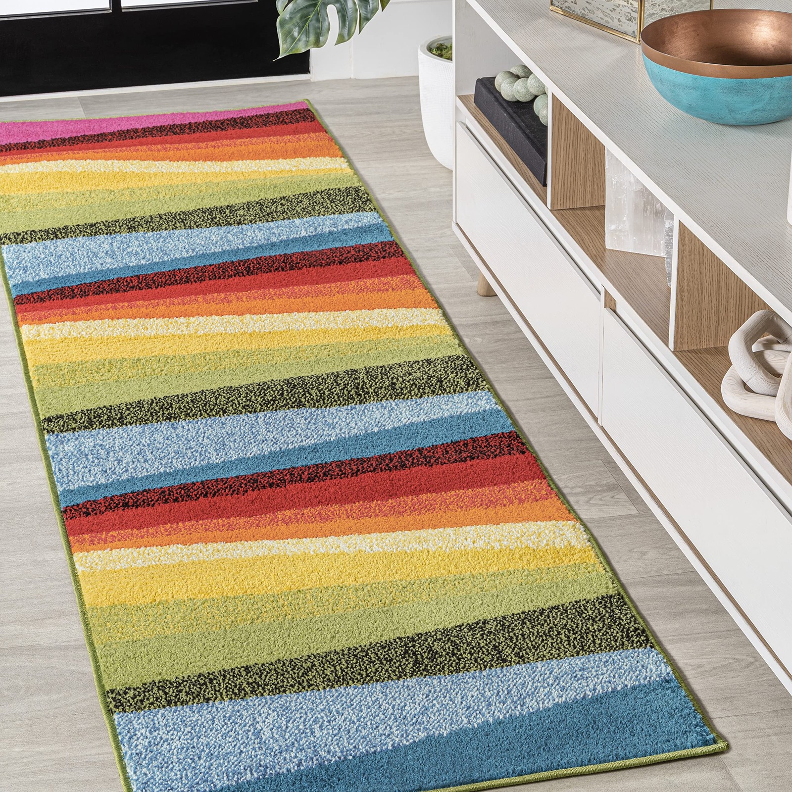 Prism Geometric Striped Runner Rug 2×8, Orange/Green/Blue, Modern, Coastal, E…
