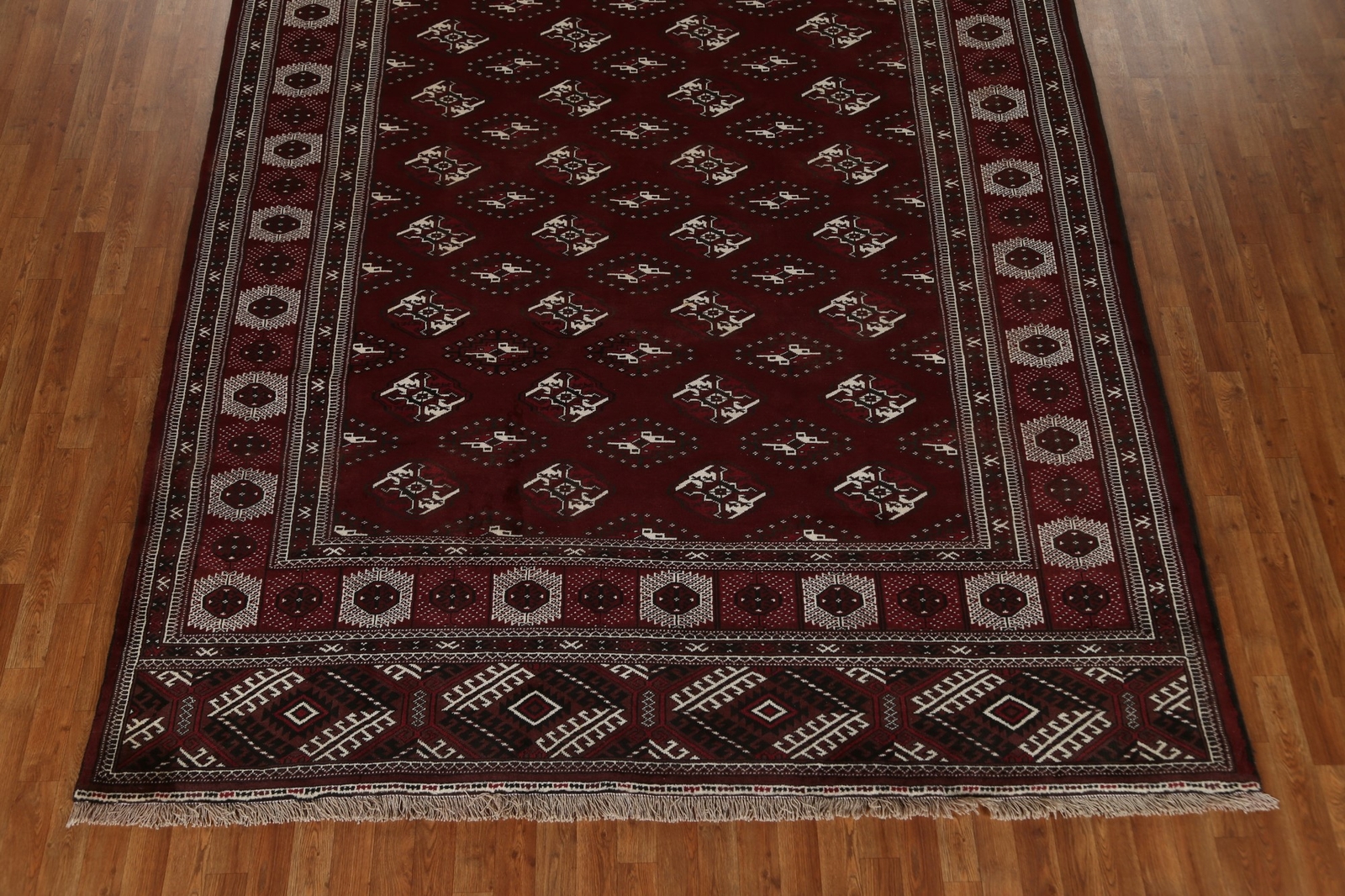 Vintage Geometric Burgundy Bokhara 8×13 ft Area Rug Hand-knotted All-Over Carpet