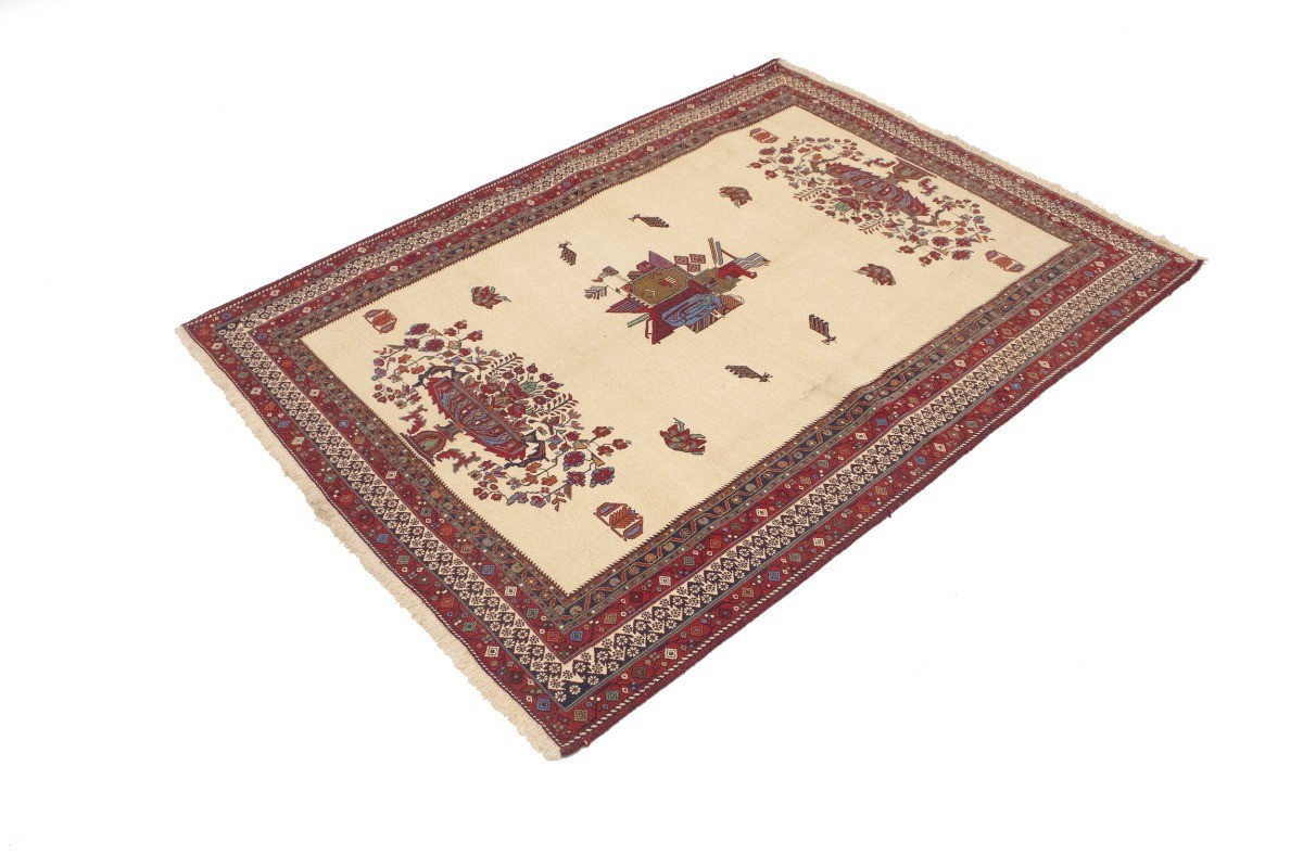 Sumak Pictorial Floral Tribal Style Oriental Rug Flat-Weave Wool Carpet 4’6X6 ft
