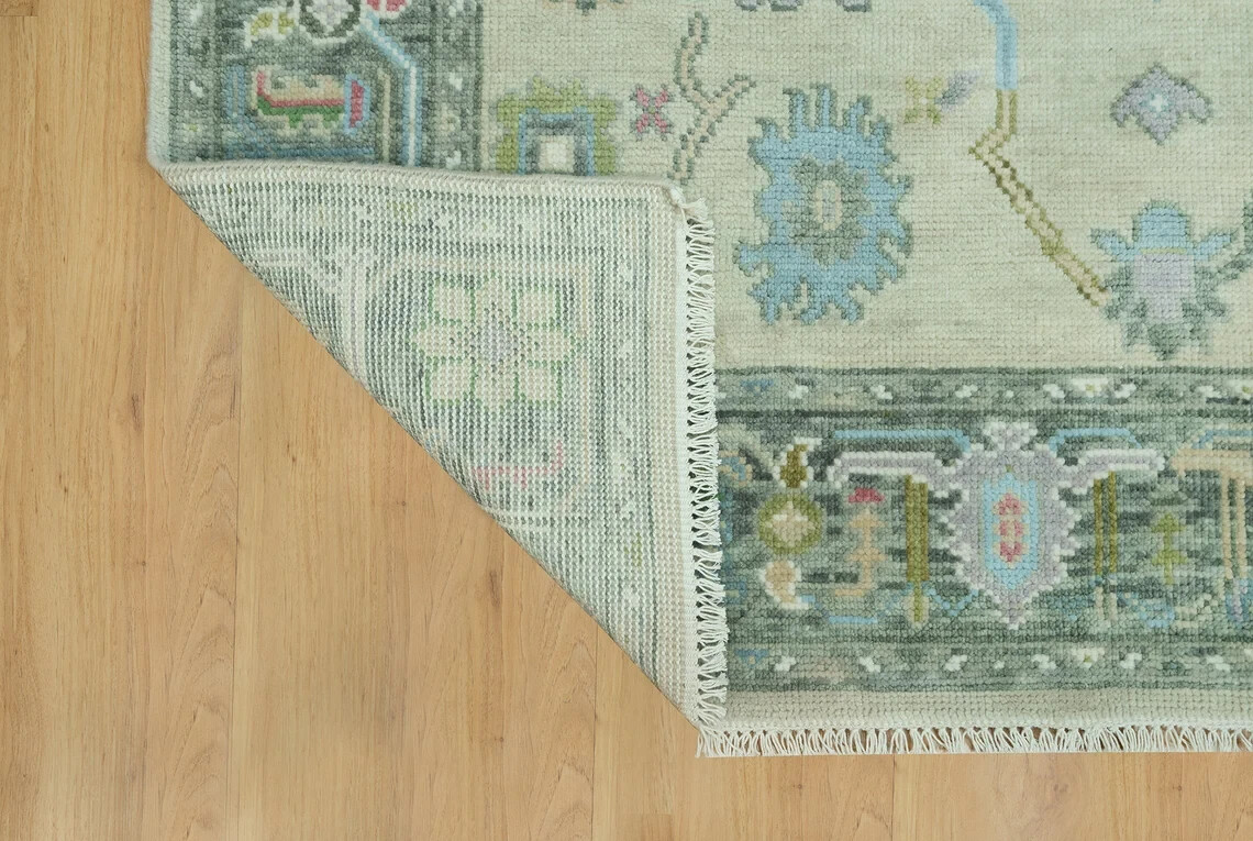 9’x12 Oushak Rug Contemporary Pastel beige Gray Floral Rug with Color Pop