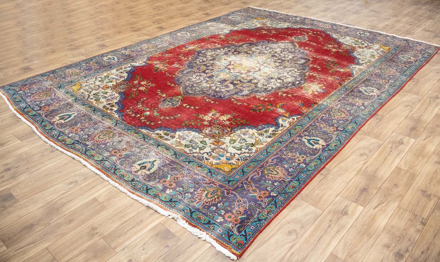 Semi-Antique Distressed Floral Oriental Rug Muted Living Room Carpet 9×13 Ft