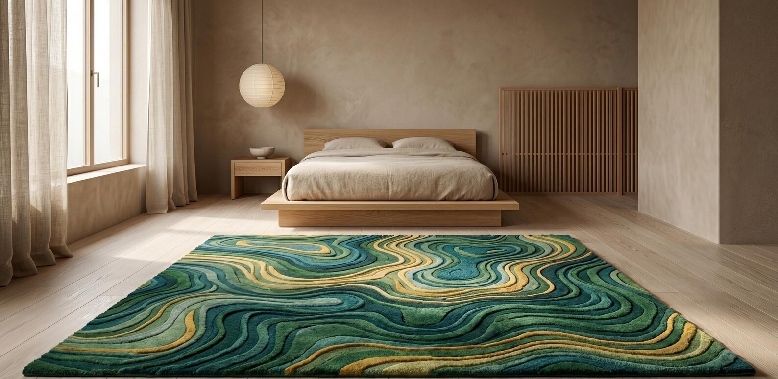 Modern Solid Forest Green Area Rug | Deep Teal Mustard Organic Swirl Living Room
