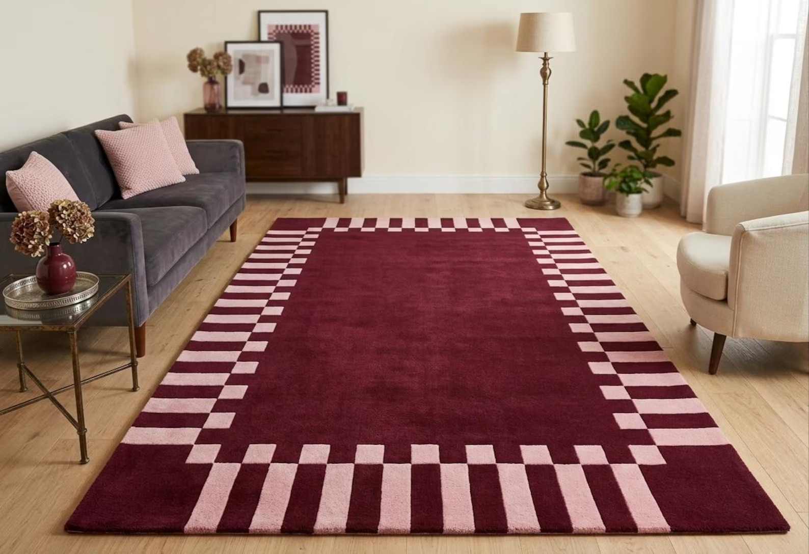 Hand Tufted Wool Area Rug Burgundy Maroon Checkered Border Modern Geometric Rug