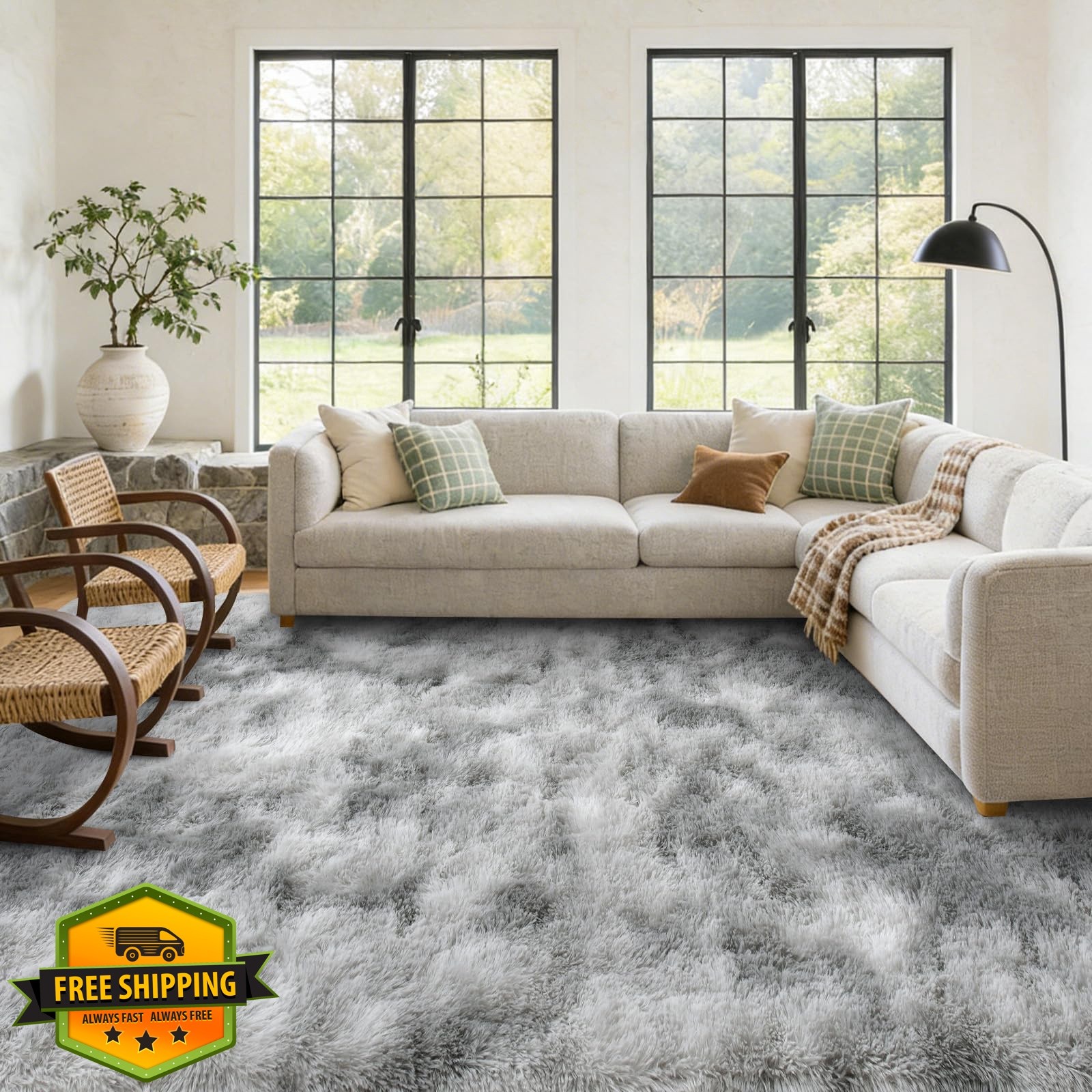 simpWalnut 5×7 Tie-Dye Light Grey Shaggy Rug