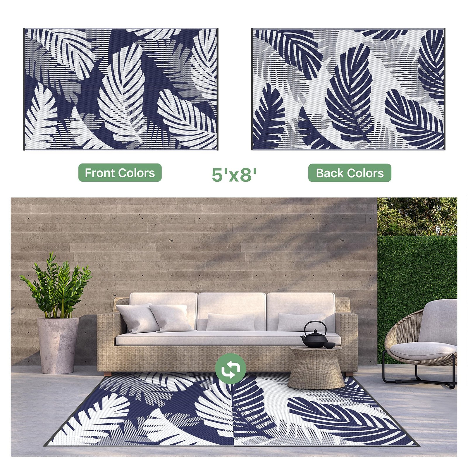 Waterproof Outdoor Rug 5′ x 8′ for Patio Decor, Reversible Plastic Straw Area…