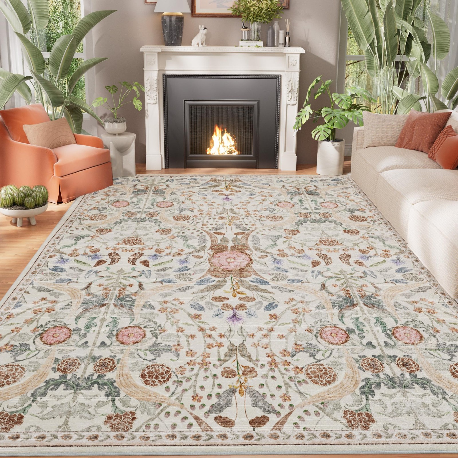 5×7 Washable Area Rugs for Living Room, Vintage Boho Floral Distressed Print …