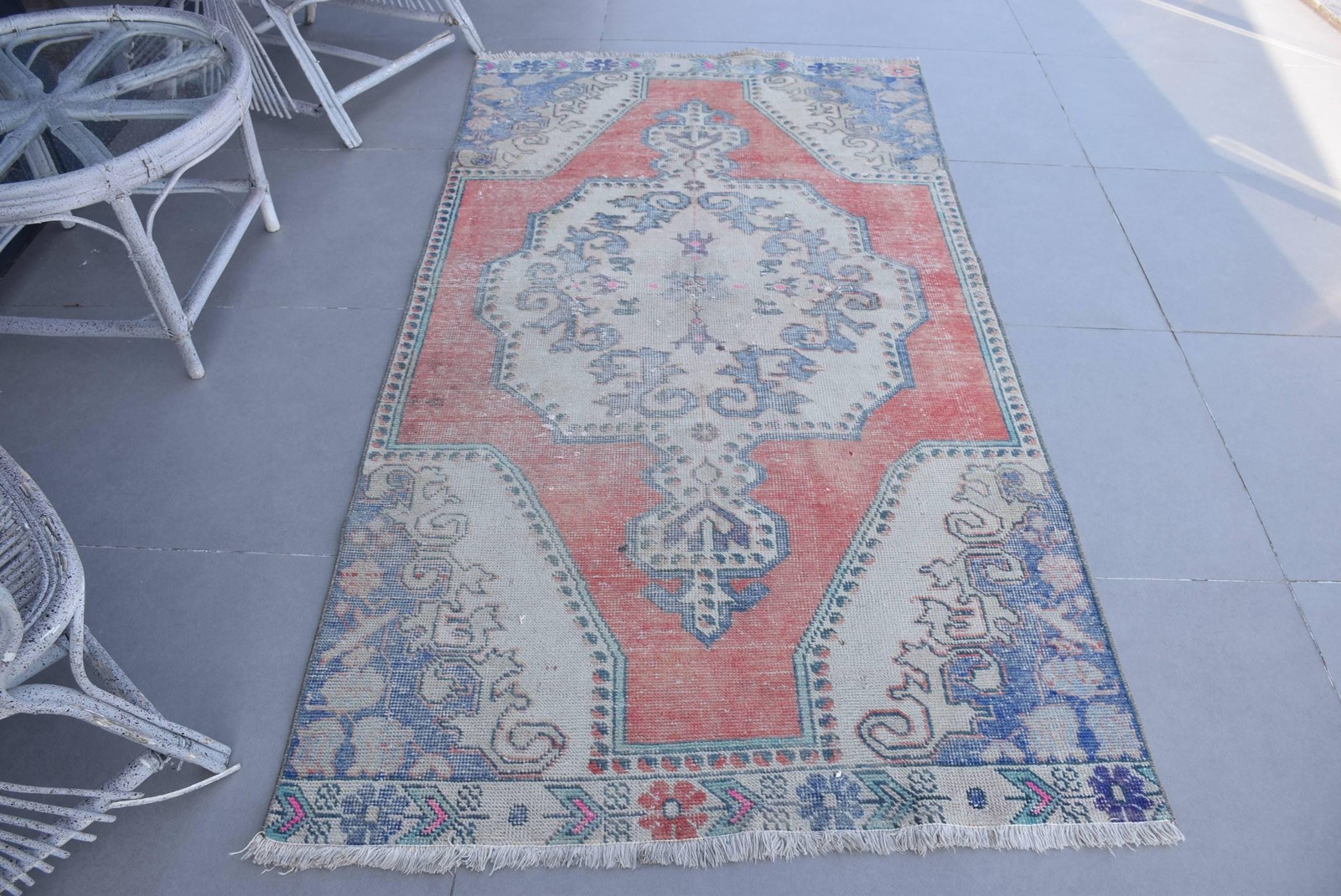 Turkish Vintage Rug 3,8×6,9 ft (115×209 cm), Red Patchwork Wool Rug