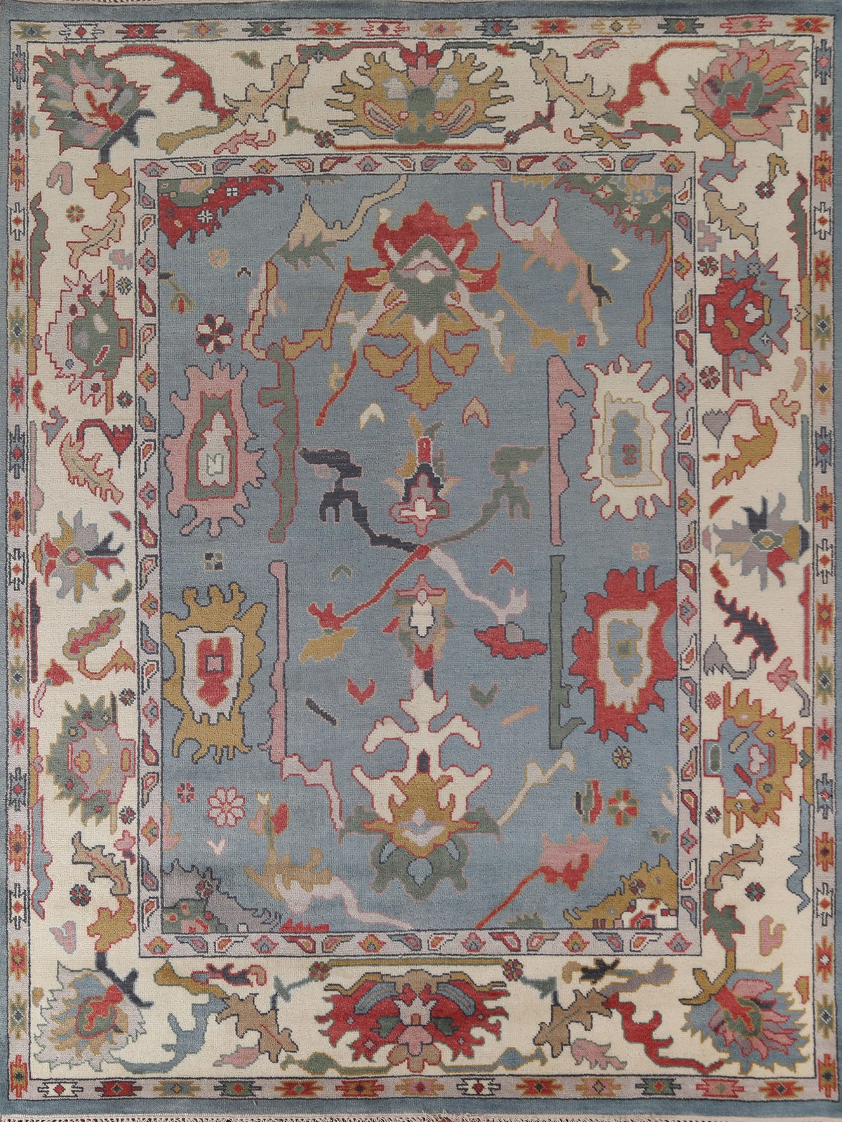 Blue Oushak Oriental Area Rug 8×10 Hand-knotted Wool Geometric Pattern Carpet