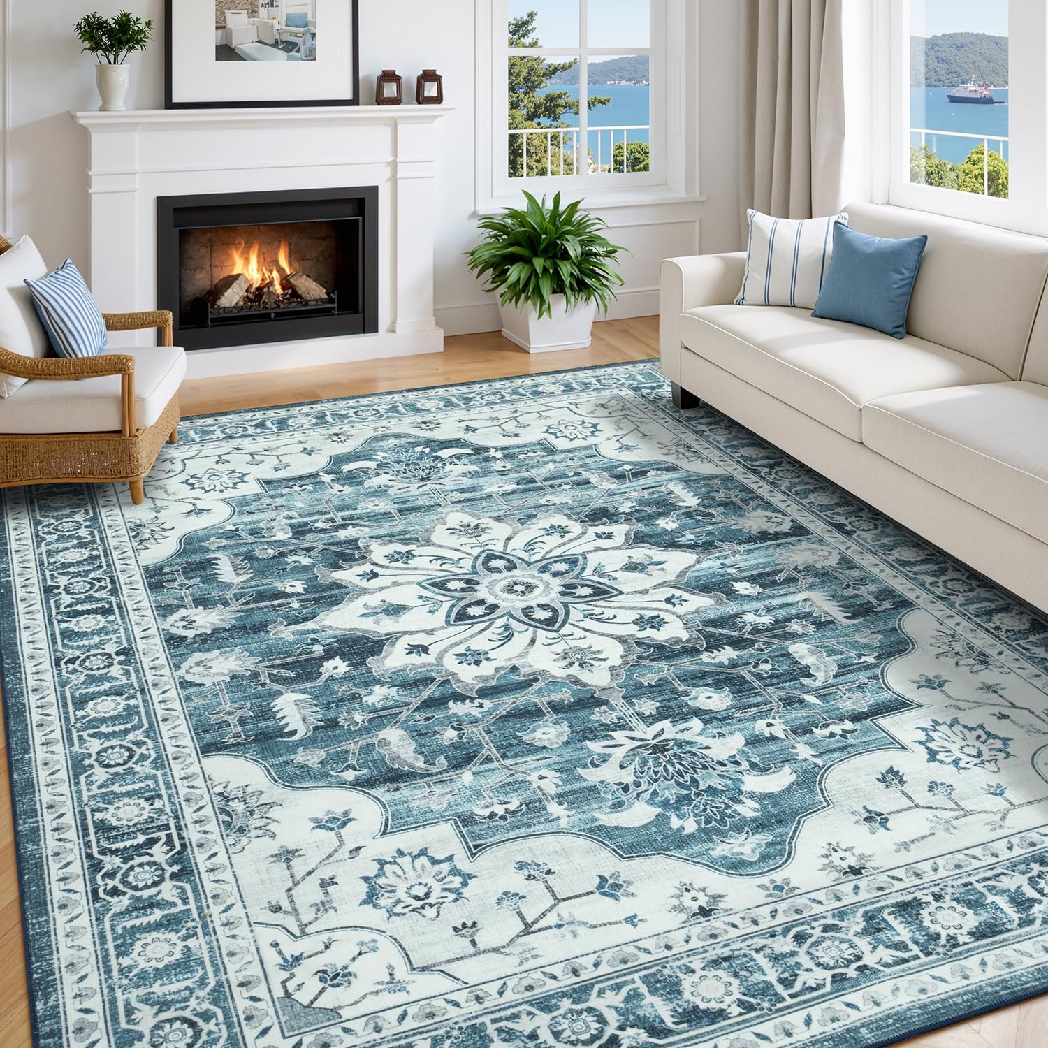 5×7 Coastal Blue White Area Rugs for Living Room – Vintage Boho Medallion Aes…