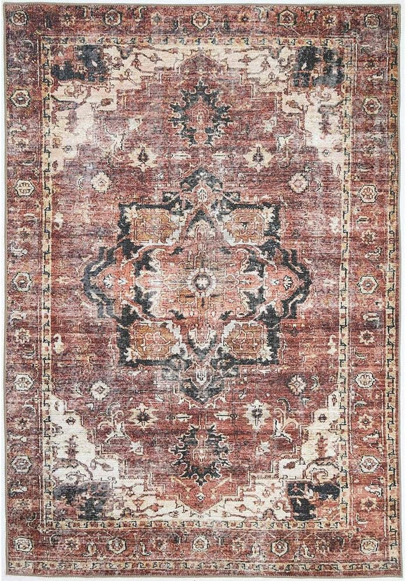 Distressed Vintage Cezanne Terracotta Area Rug Wipe Clean Machine Washable Pet F