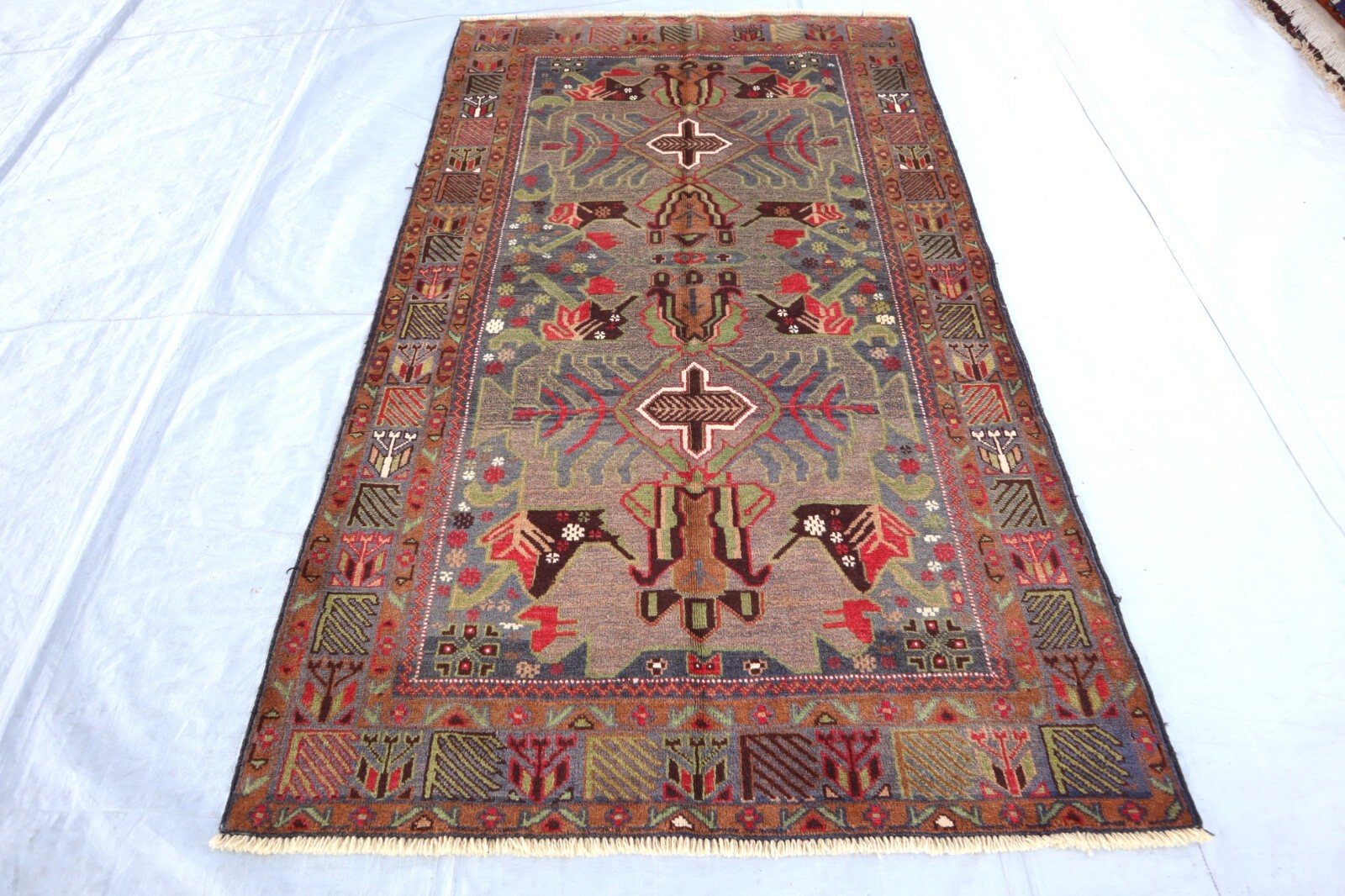 Geometric Antique Faded Rug 4×7 Afghan Balouchi Rug- Turkmen Nomadic Bedroom Rug