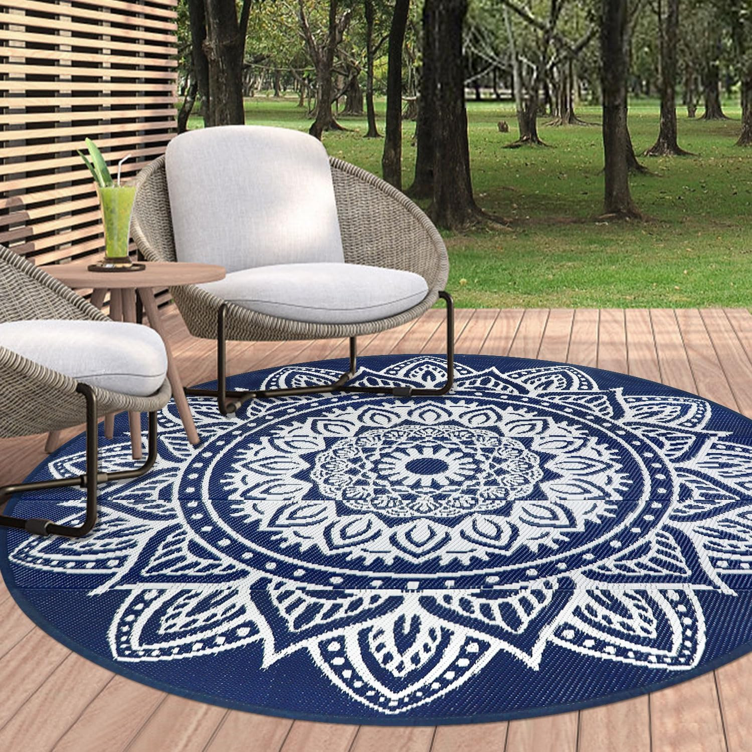 6 Ft Round Boho Outdoor Plastic Straw Rug, Waterproof, Portable, Reversible, UV-