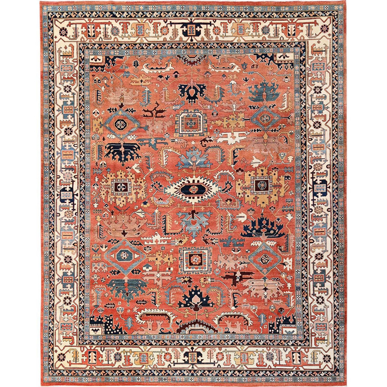 12’x15’9″ Coral Peshawar Heris All Over Design Hand Knotted Wool XL Rug 1967