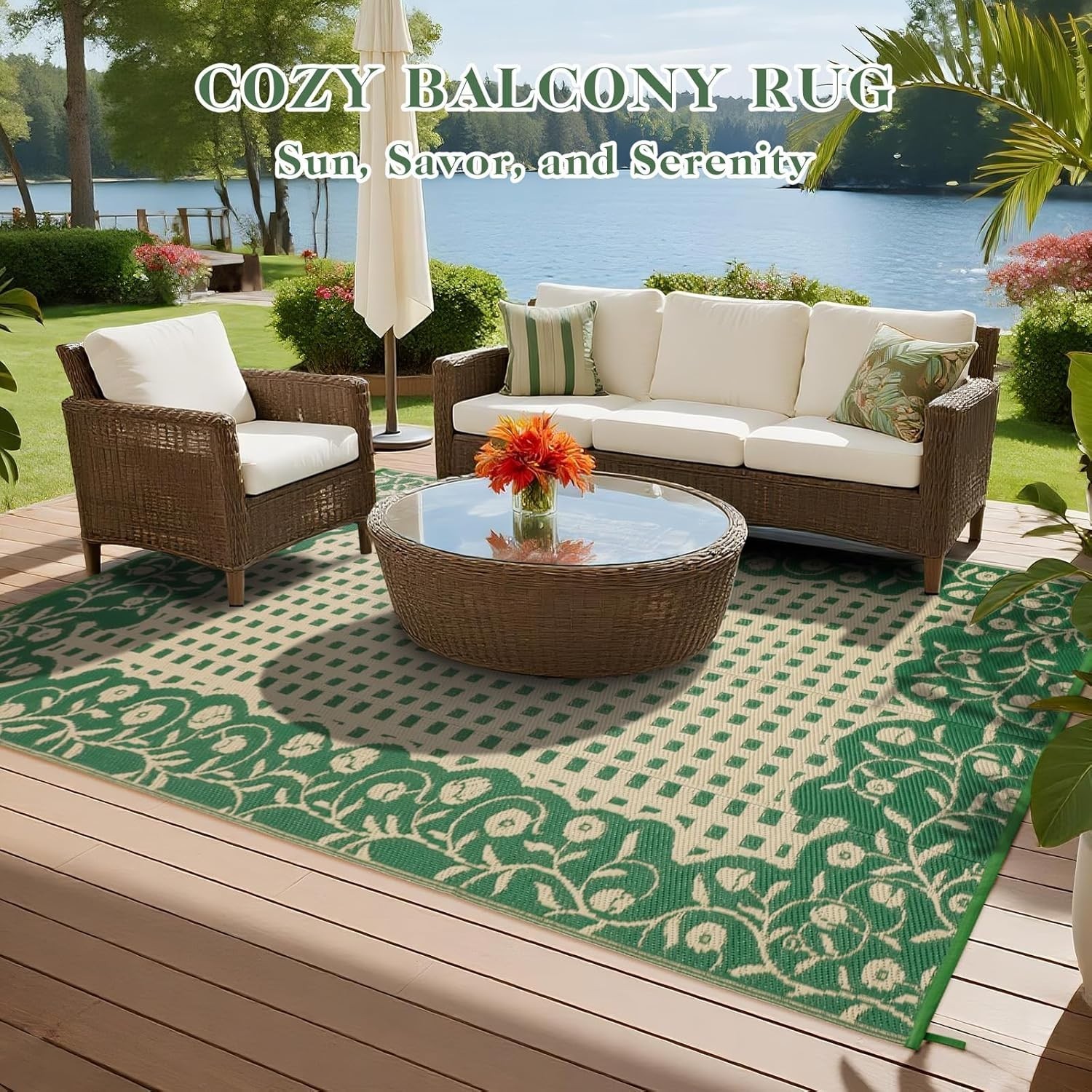Plastic Straw Rugs 5×8 Floral Reversible Waterproof Patio Camping Picnic Carpet